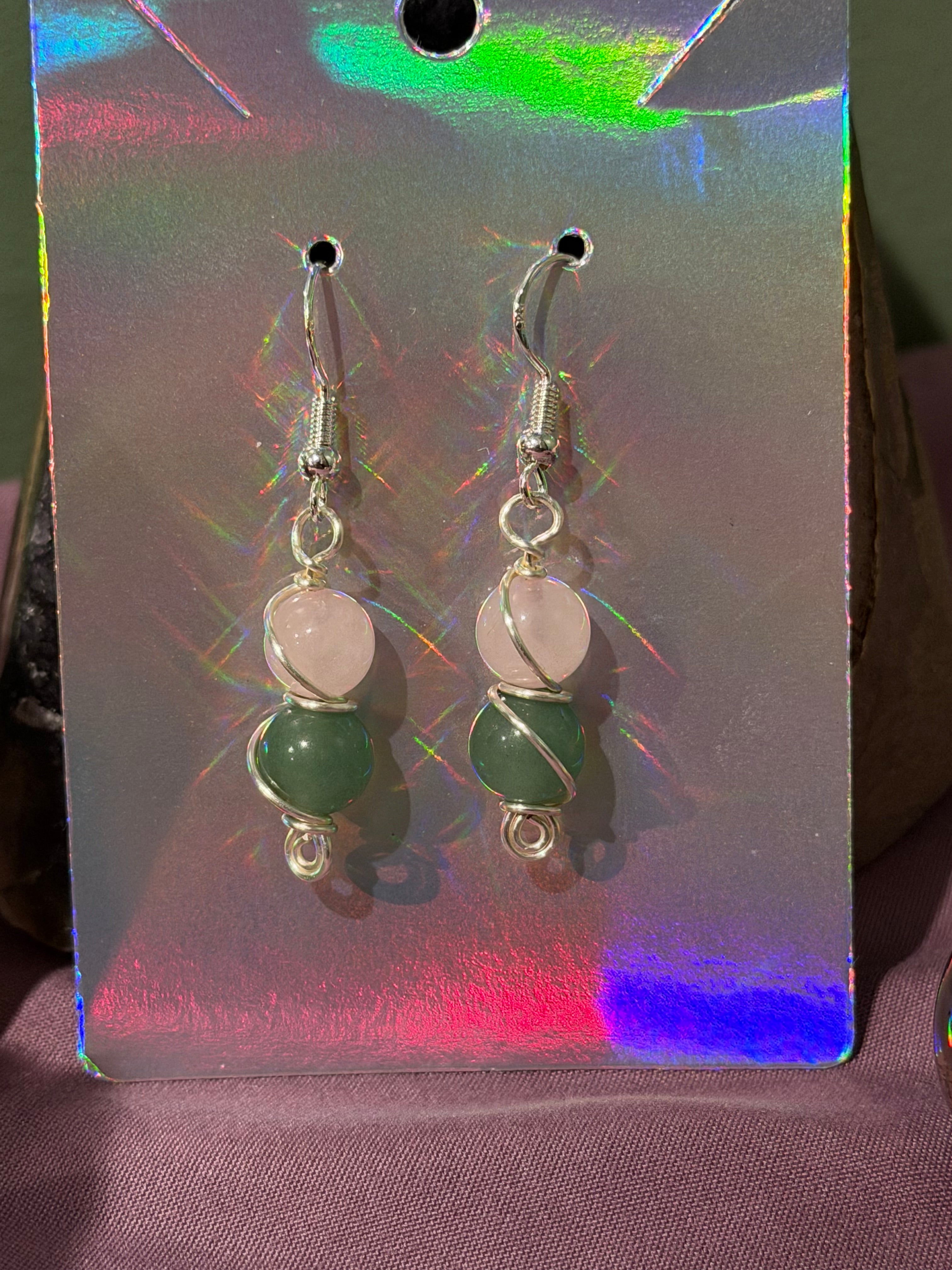 Rose Quartz & Green Aventurine silver-tone copper wire-wrapped earrings