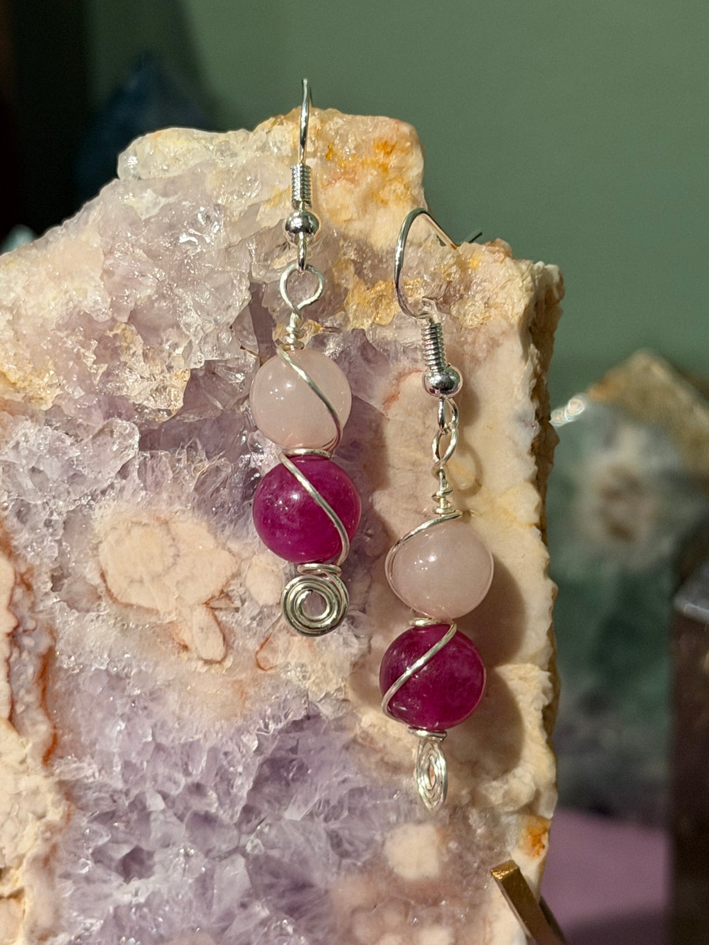 Pink Tourmaline & Rose Quartz silver-tone copper wire-wrapped earrings