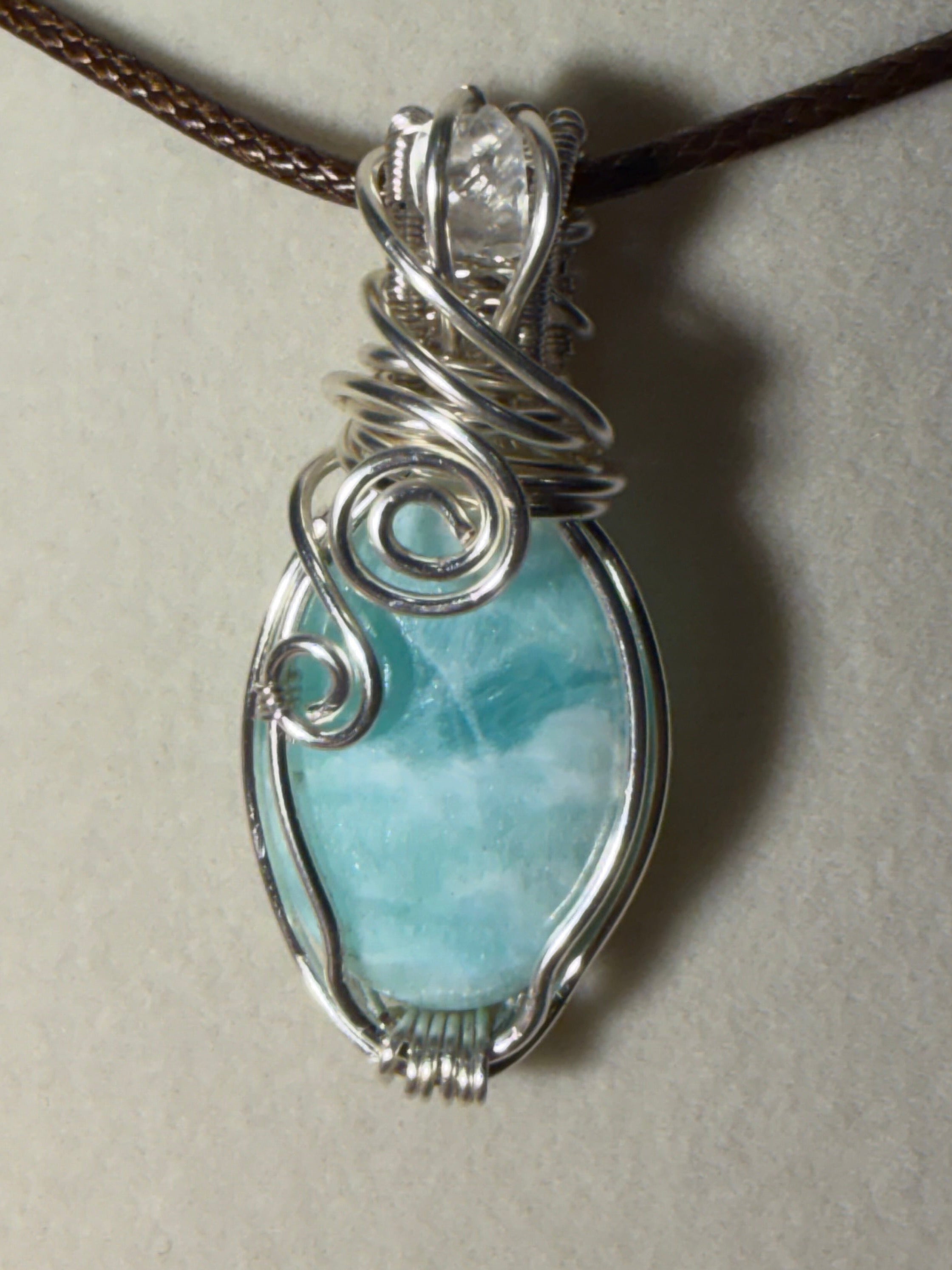 Caribbean Calcite & Herkimer Diamond silver-tone copper wire-wrapped pendant
