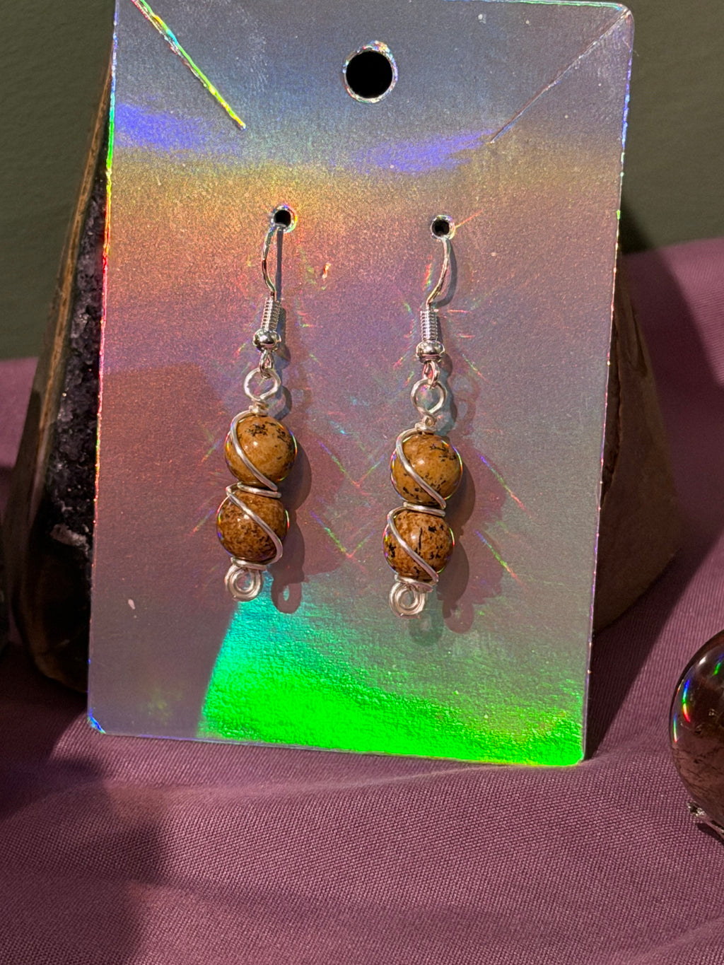 Double Picture Jasper silver-tone copper wire-wrapped earrings