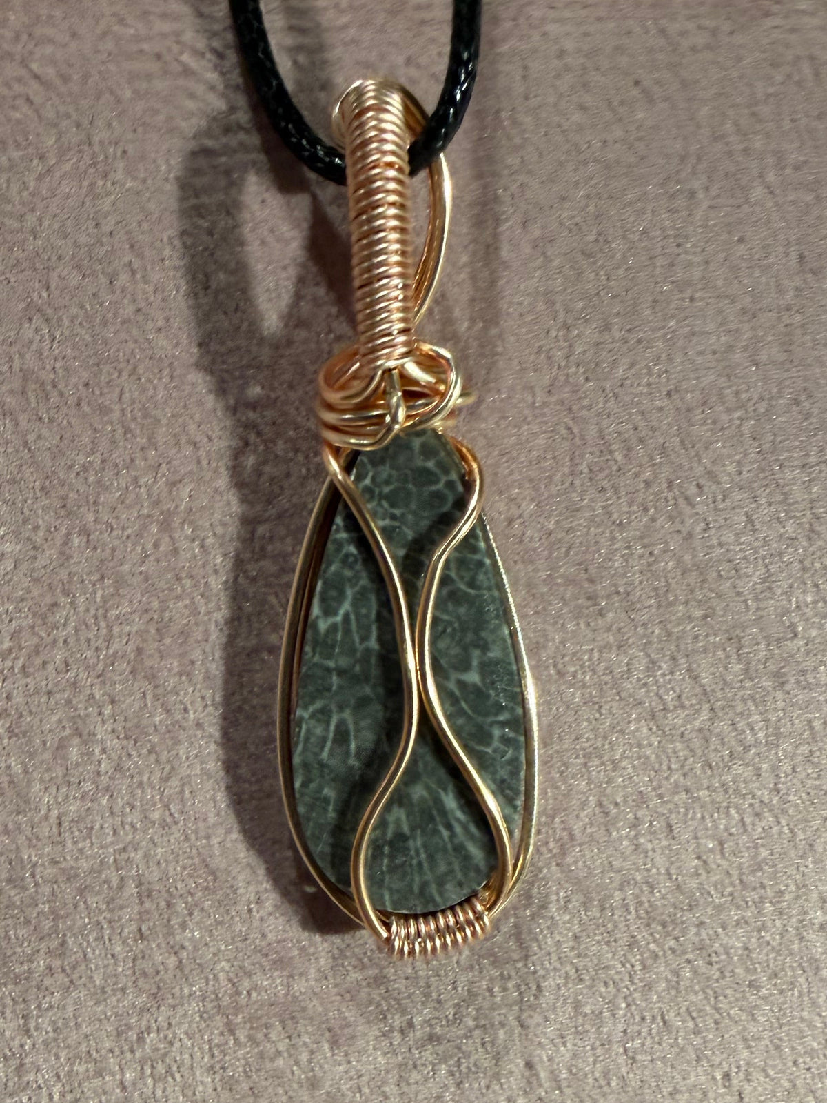 Agatized fossil coral rose gold colored copper wire-wrapped pendant