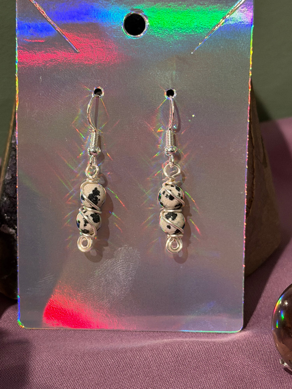 Double Dalmatian Jasper silver-tone copper wire-wrapped earrings