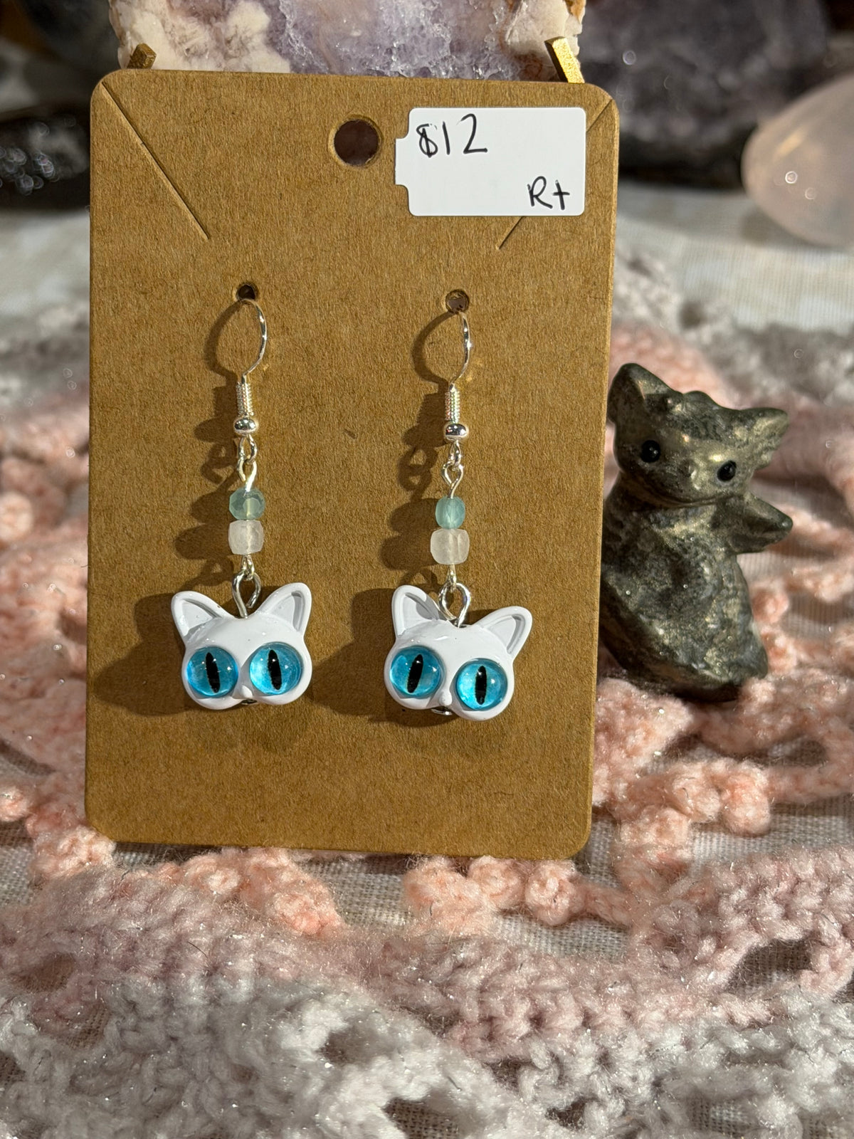 Moonstone beaded white cat earrings