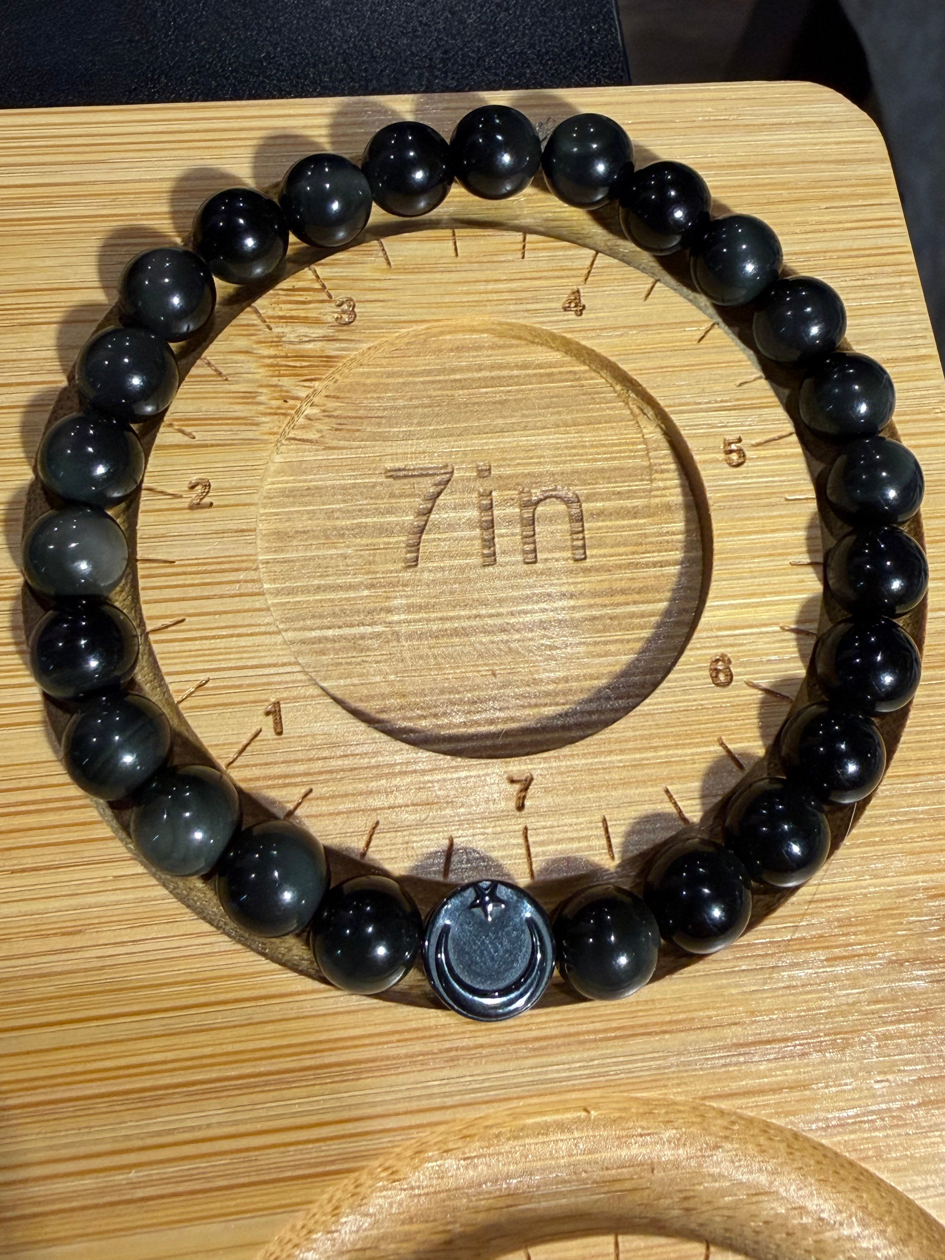 Rainbow sheen Obsidian & Hematite 7 inch beaded stretchy bracelet