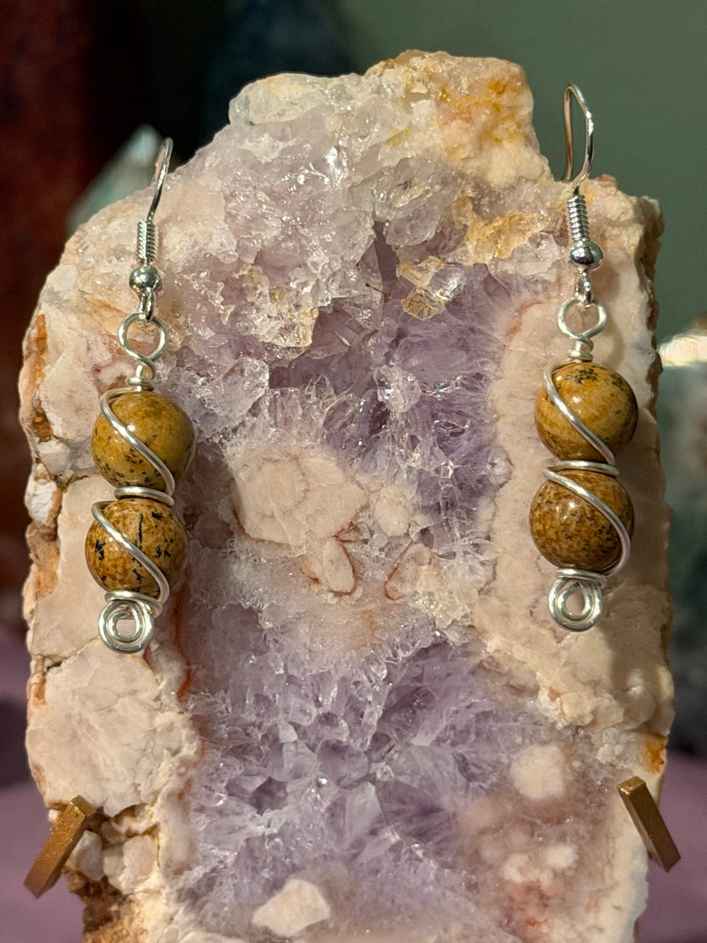 Double Picture Jasper silver-tone copper wire-wrapped earrings