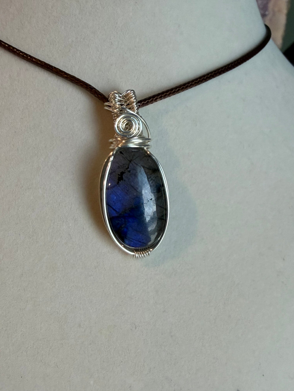 Labradorite silver-tone copper wire-wrapped pendant