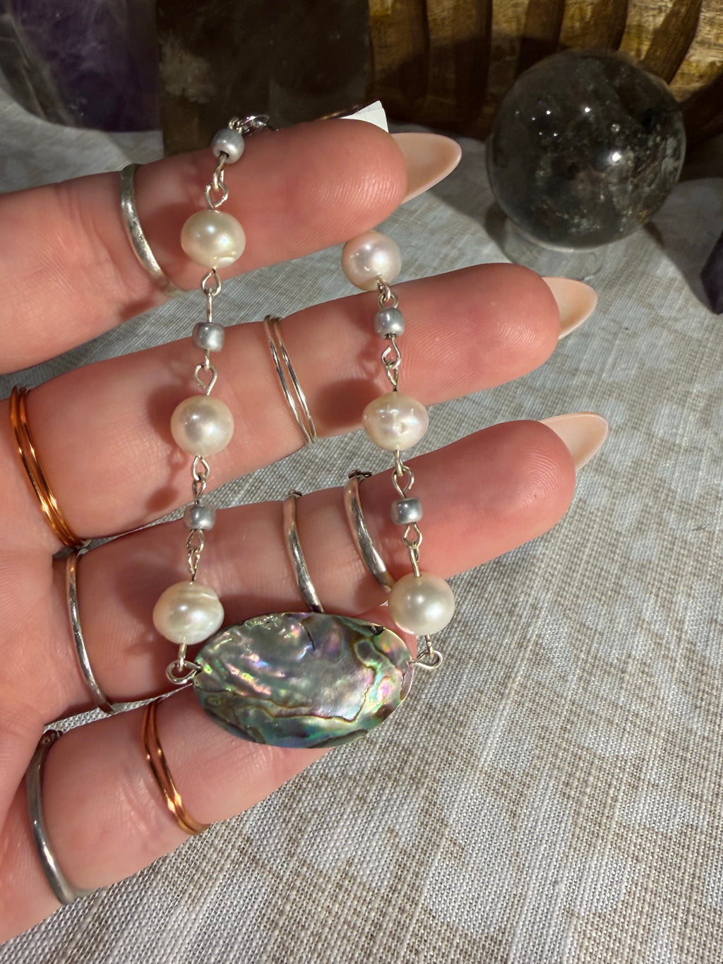 Abalone Shell & Freshwater Pearl 6 inch silver-tone bracelet