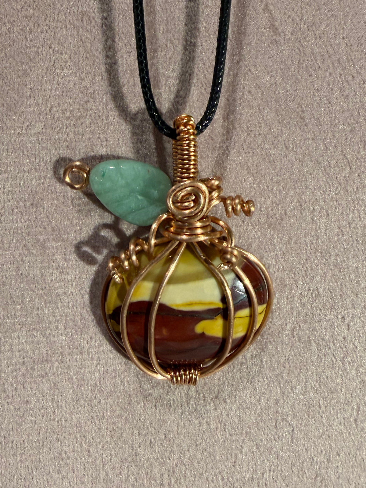 Mookaite Jasper & Green Aventurine copper wire-wrapped pumpkin pendant