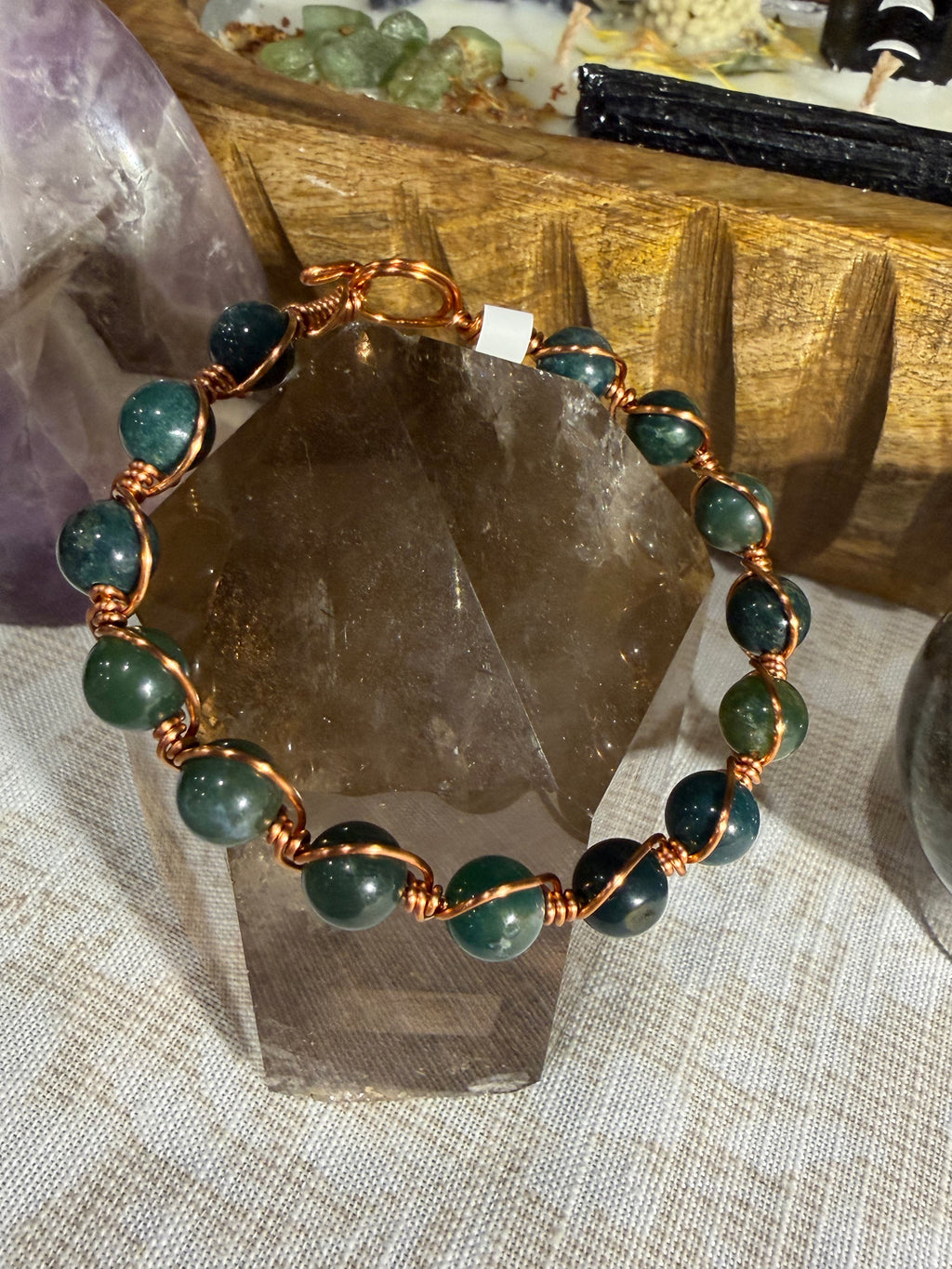 Moss Agate 6 inch copper wire-wrapped bracelet