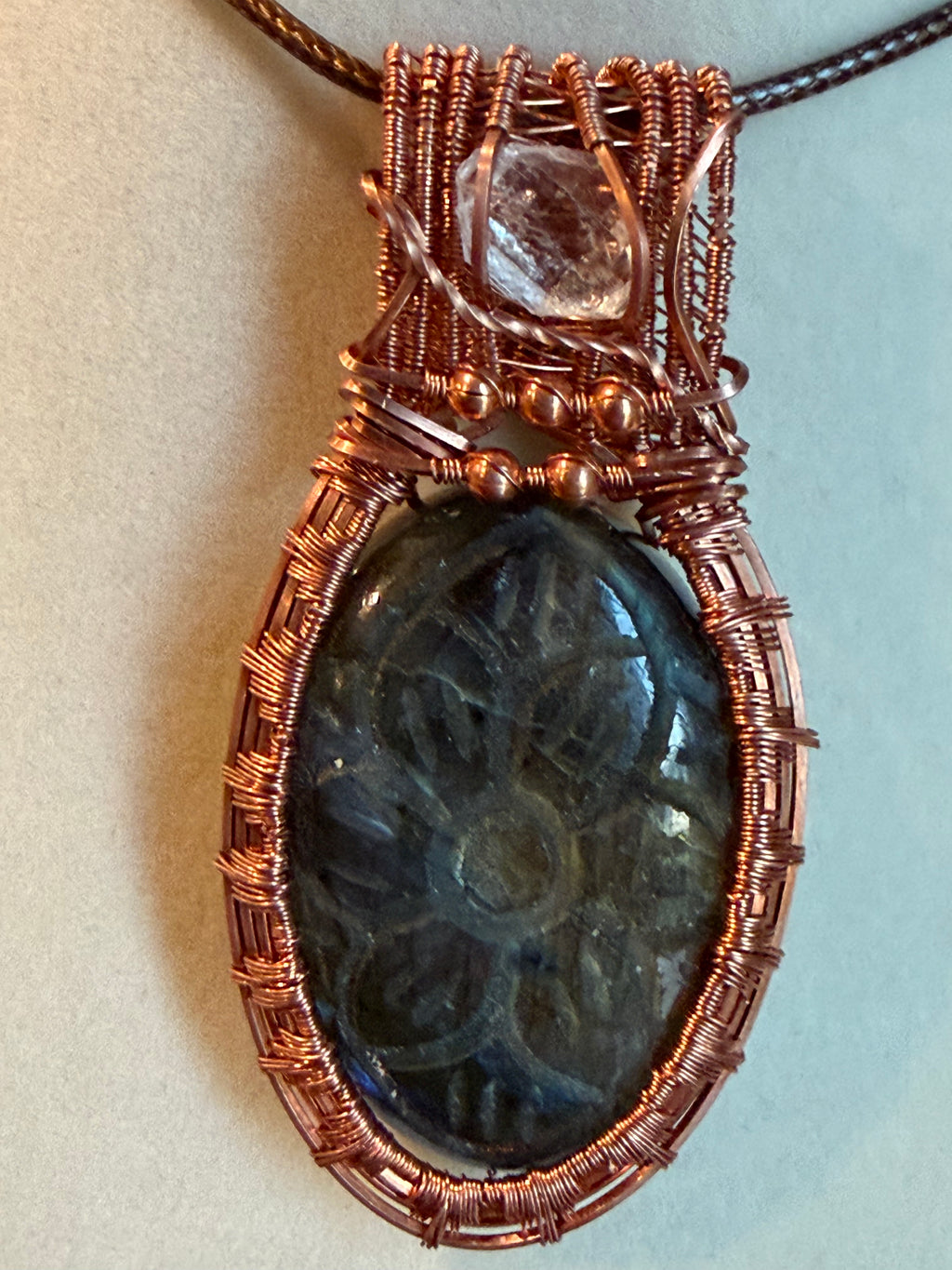 Flower carved Labradorite & Herkimer Diamond copper wire-wrapped pendant