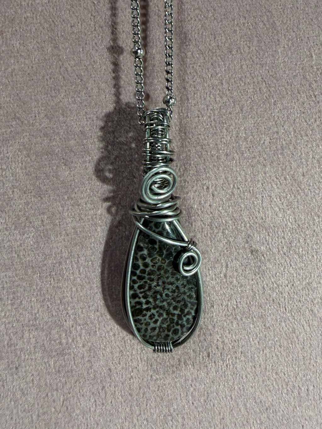 Agatized fossil coral stainless steel wire-wrapped pendant