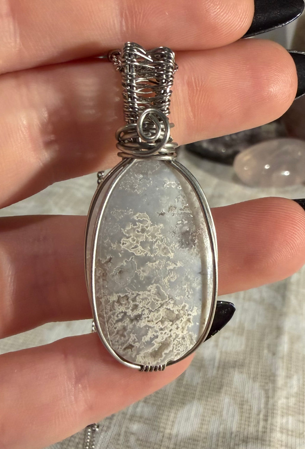 Plume Agate stainless steel wire-wrapped pendant