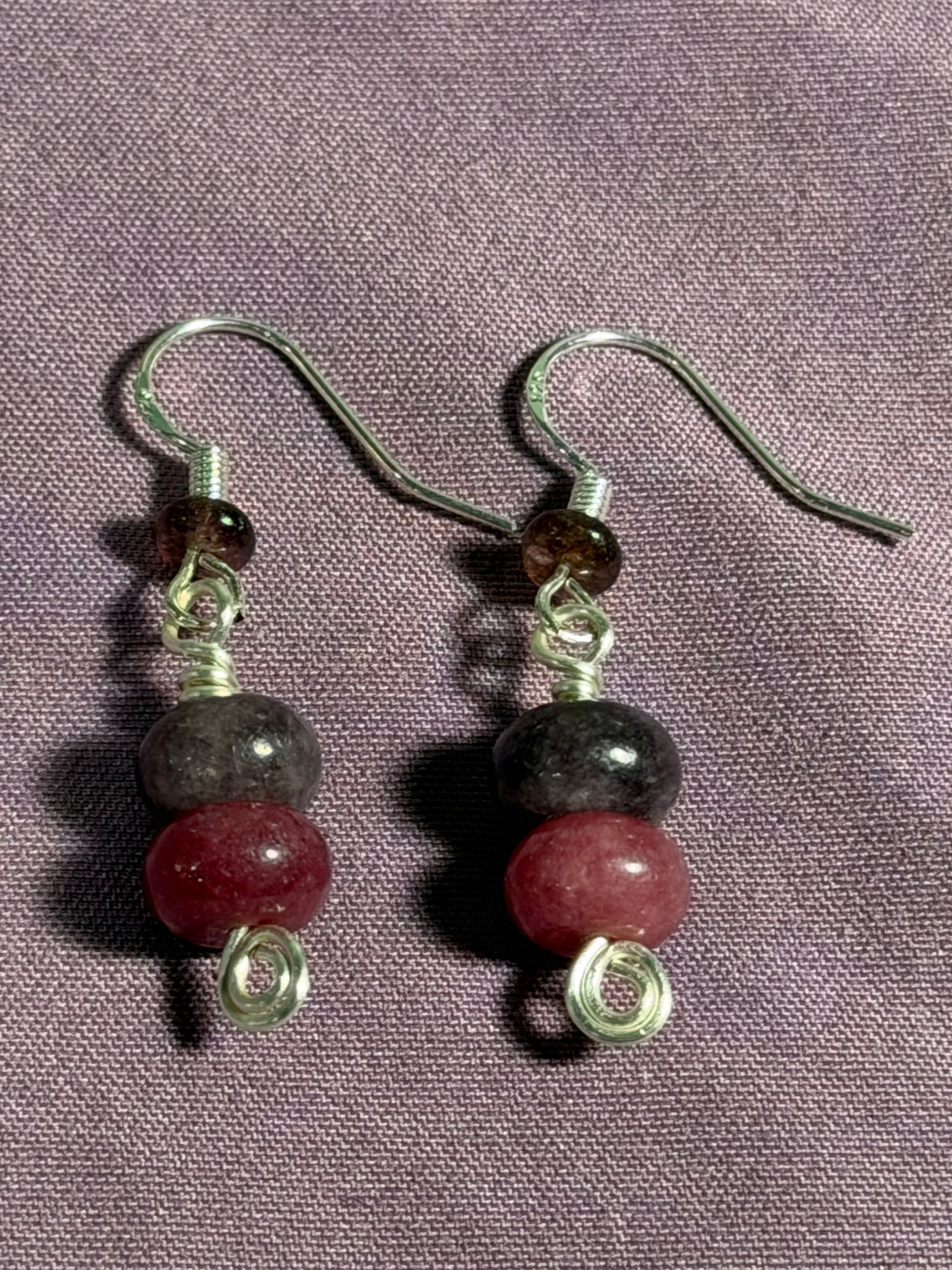 Pink & Purple Tourmaline beaded silver-tone earrings