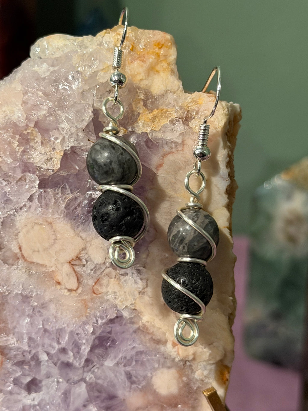 Picasso Jasper & Lava Stone silver-tone copper wire-wrapped earrings
