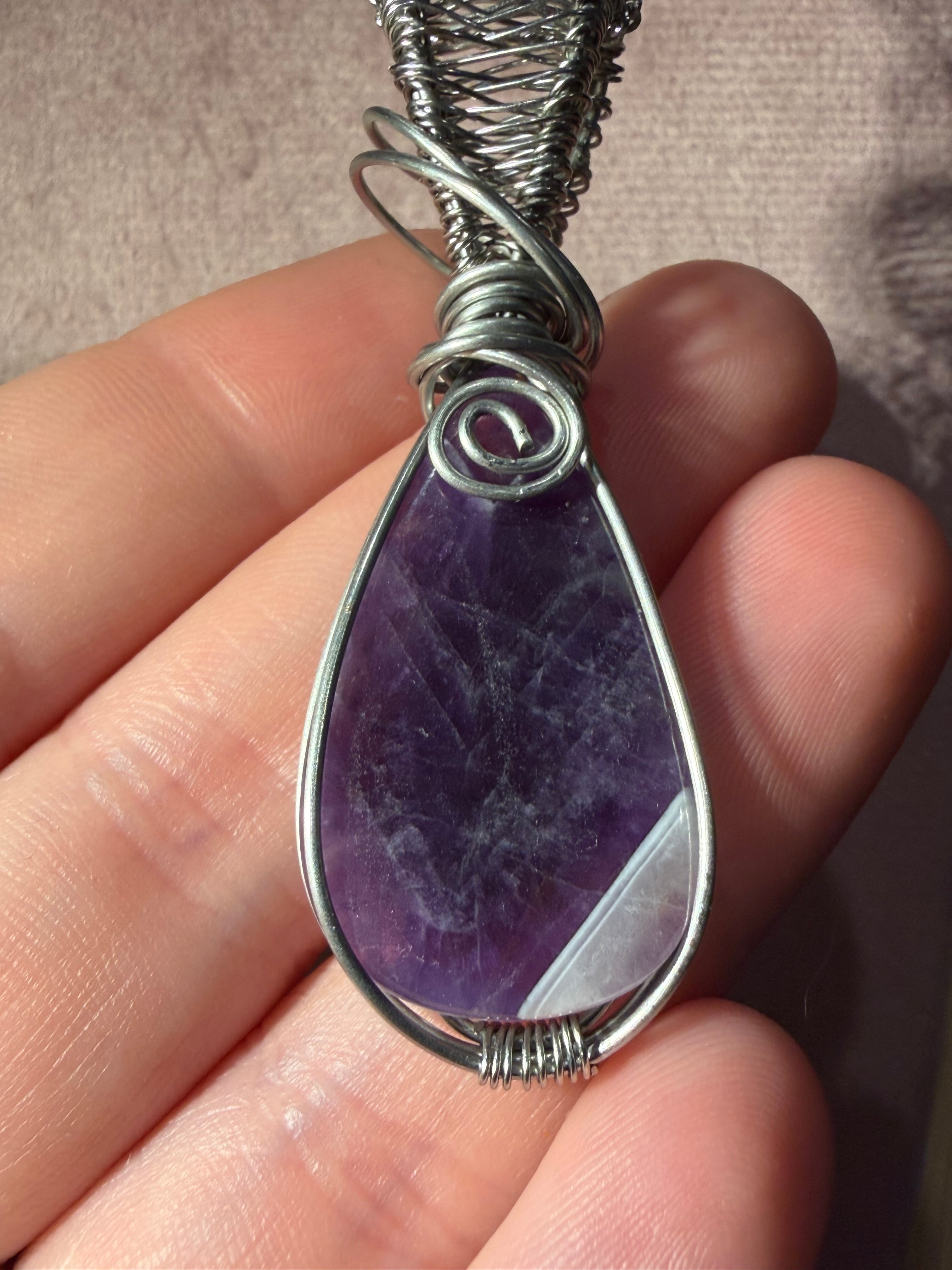Amethyst stainless-steel wire-wrapped pendant