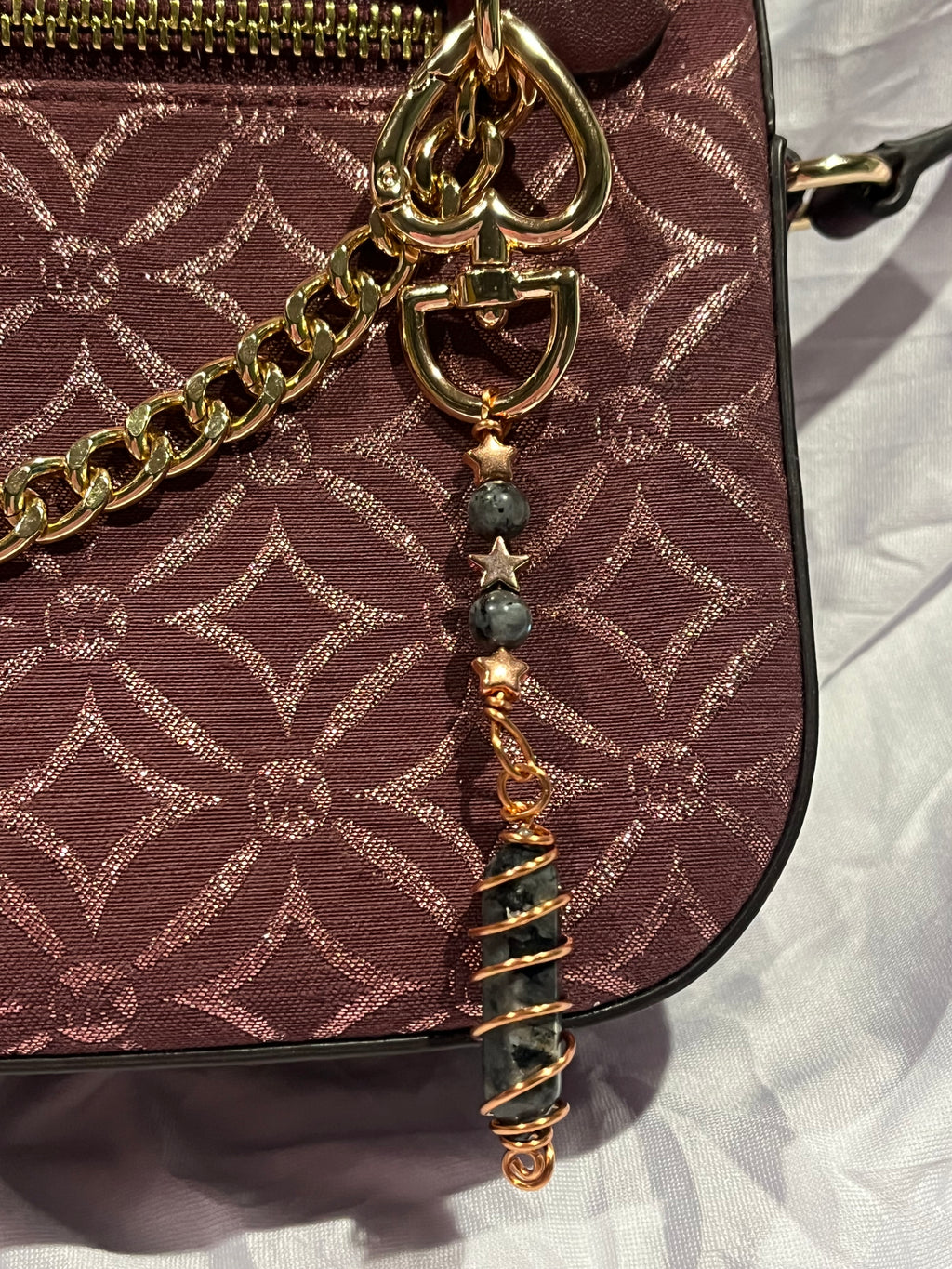 Larvikite double-terminated point copper wire-wrapped keychain/ purse charm