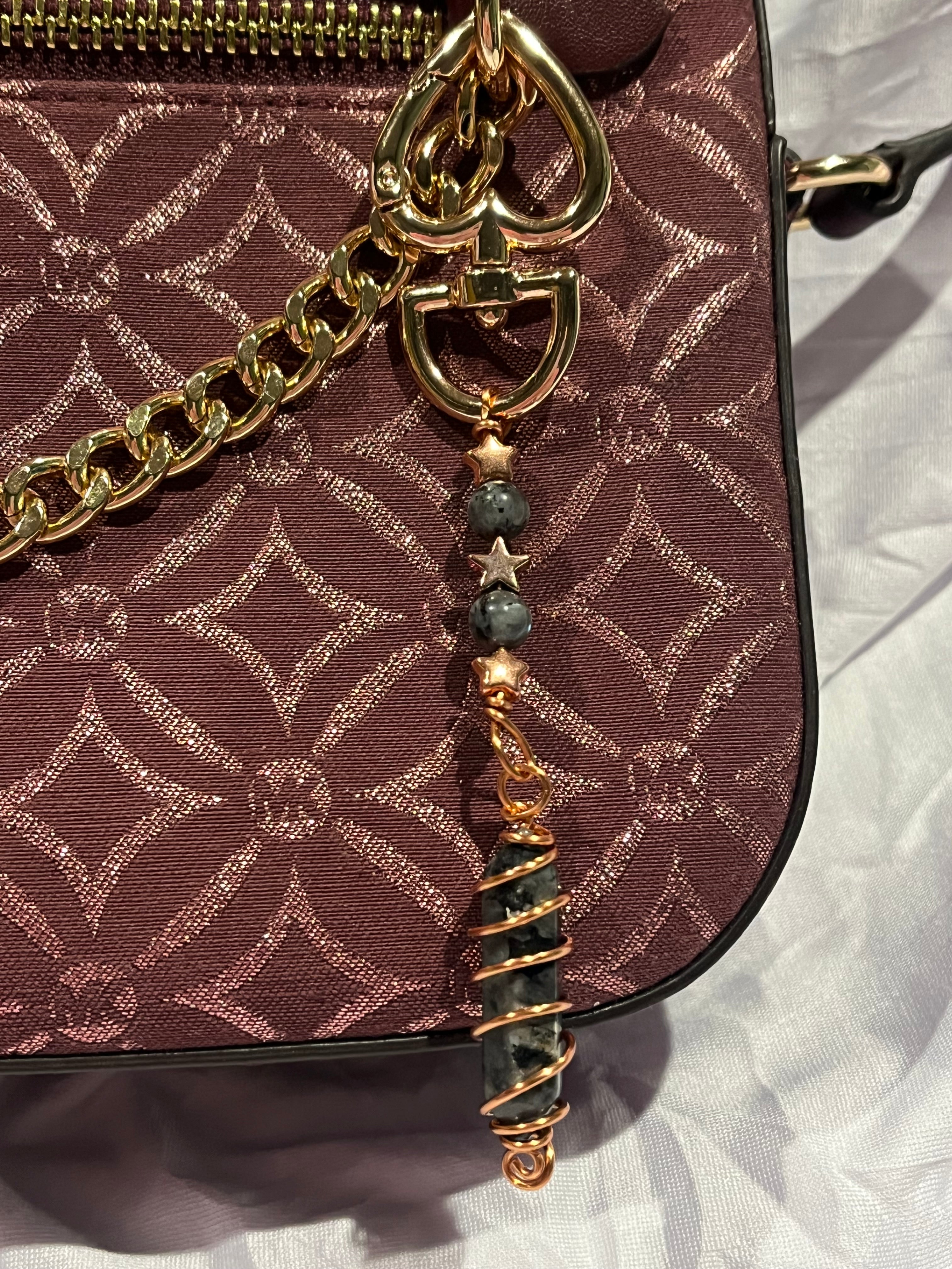 Larvikite double-terminated point copper wire-wrapped keychain/ purse charm