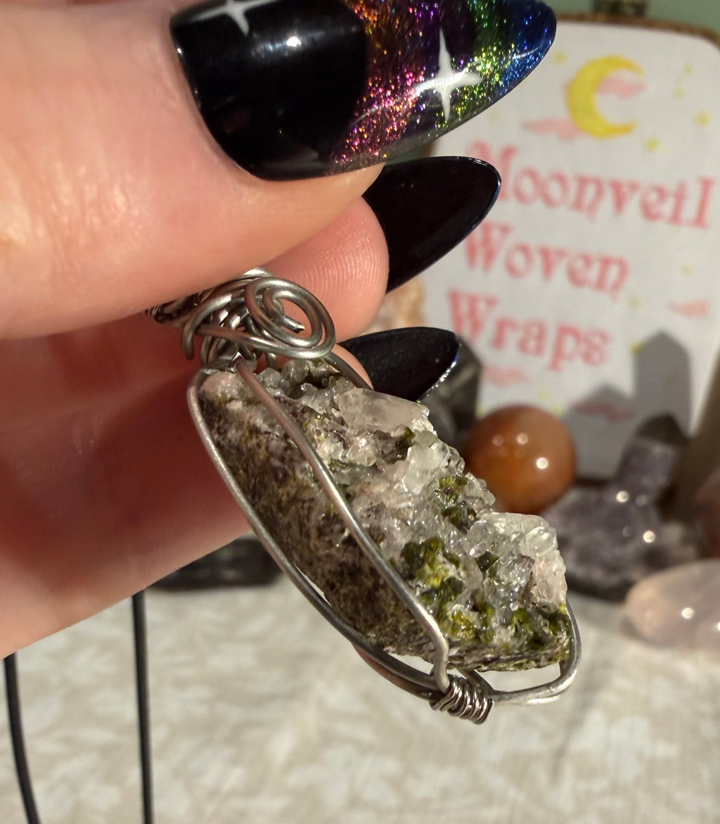Epidote & Quartz specimen stainless steel wire-wrapped pendant