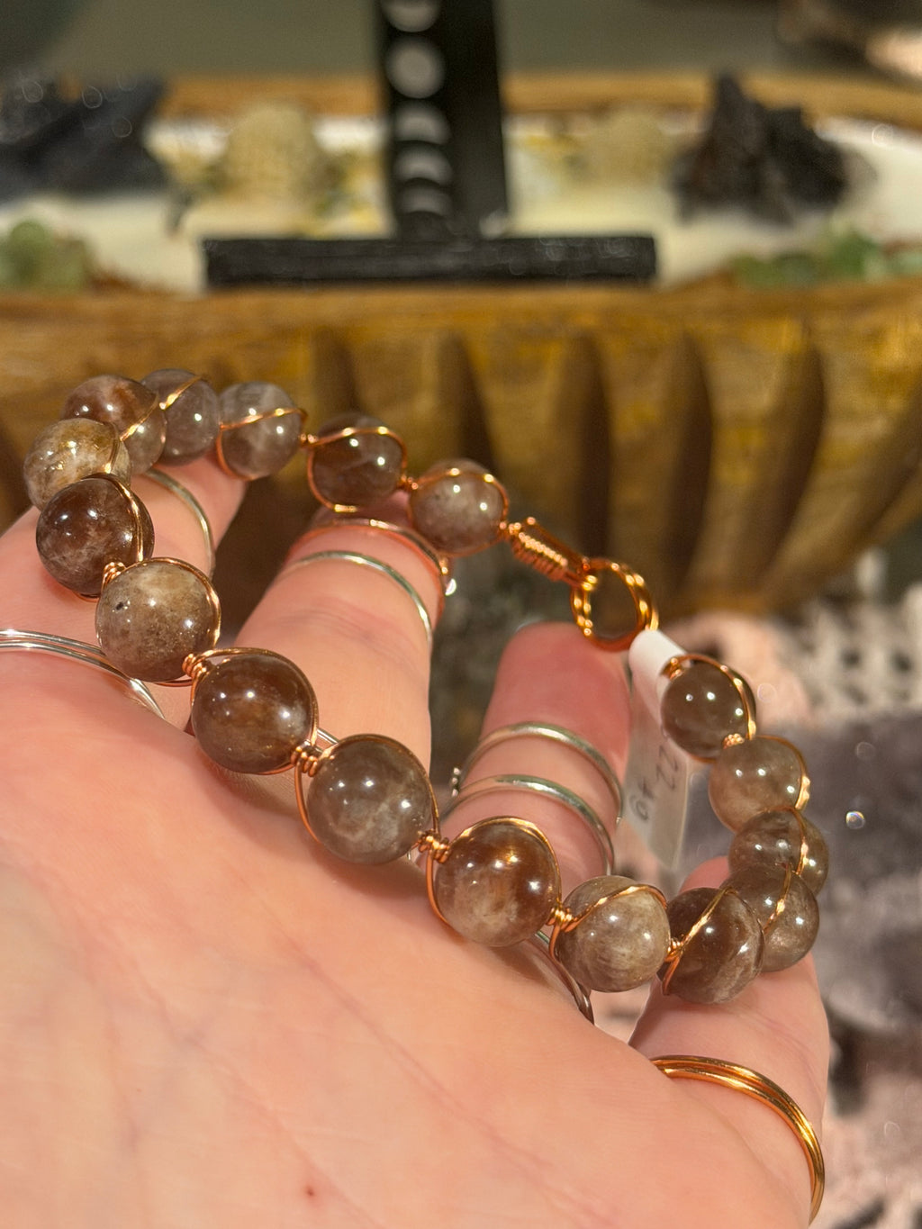 Chocolate Sunstone 8-inch copper wire-wrapped bracelet