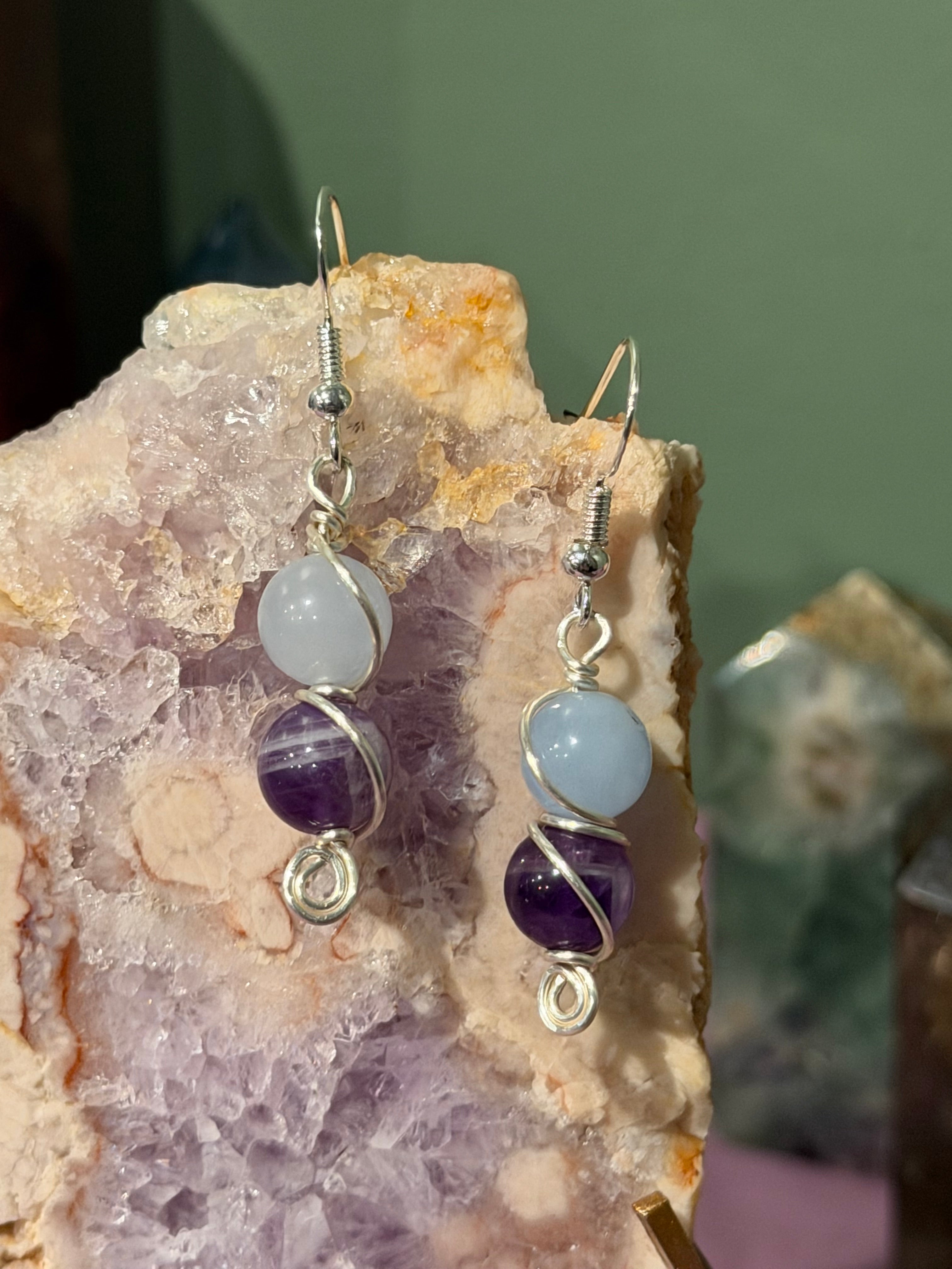 Aquamarine & Amethyst silver-tone copper wire-wrapped earrings