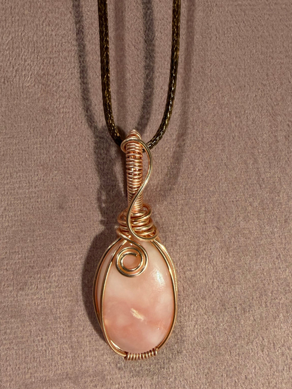 Pink Opal rose gold colored copper wire-wrapped pendant