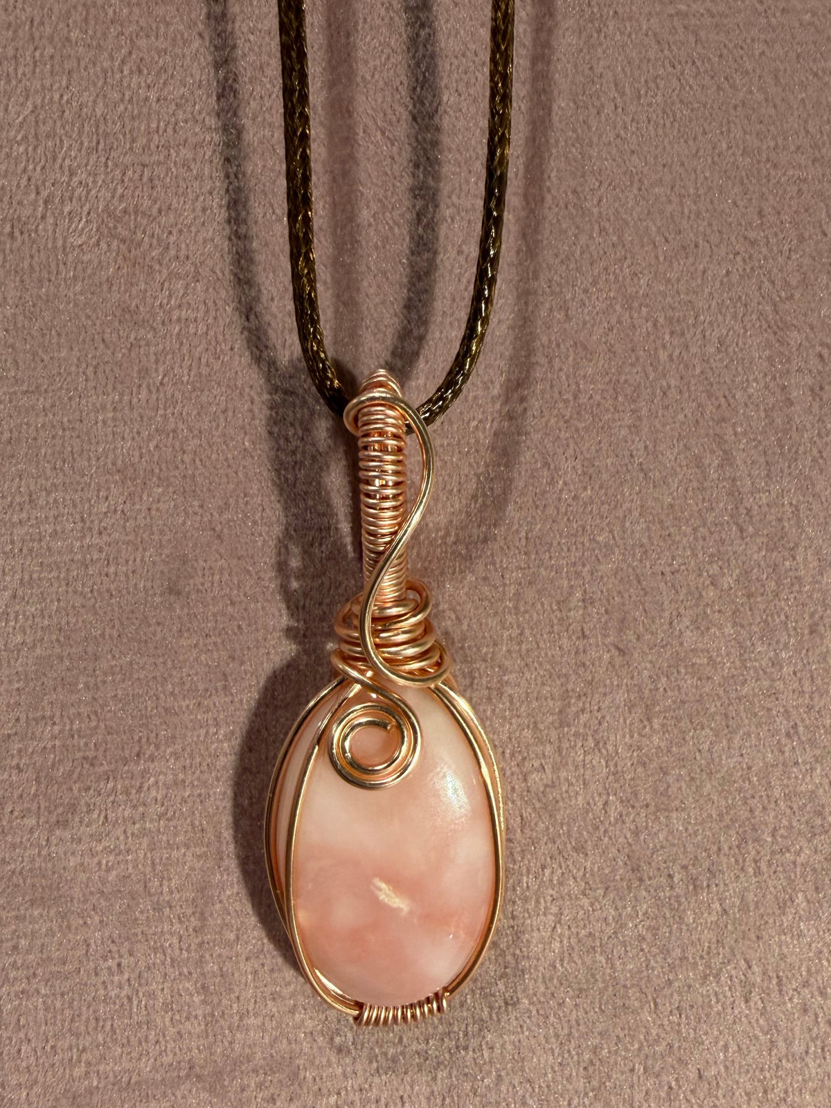 Pink Opal rose gold colored copper wire-wrapped pendant