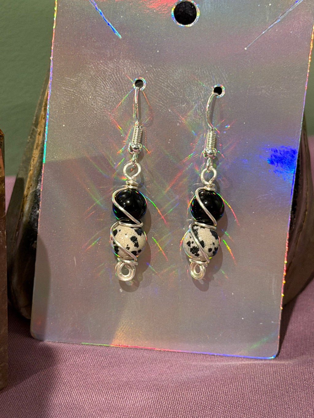 Obsidian & Dalmatian Jasper silver-tone copper wire-wrapped earrings