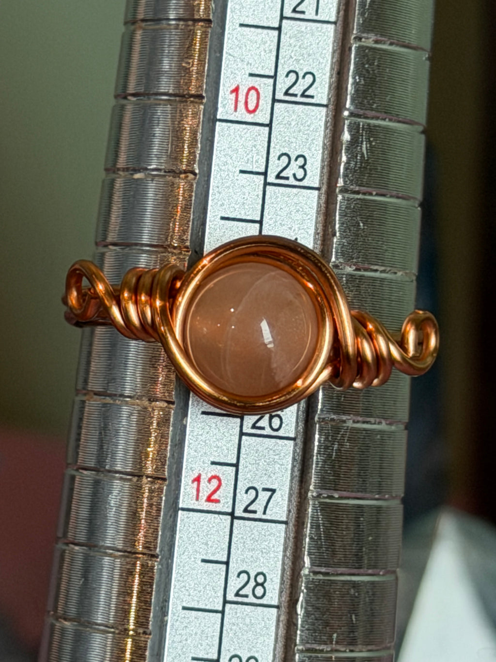 Peach Moonstone size 11 copper wire-wrapped ring