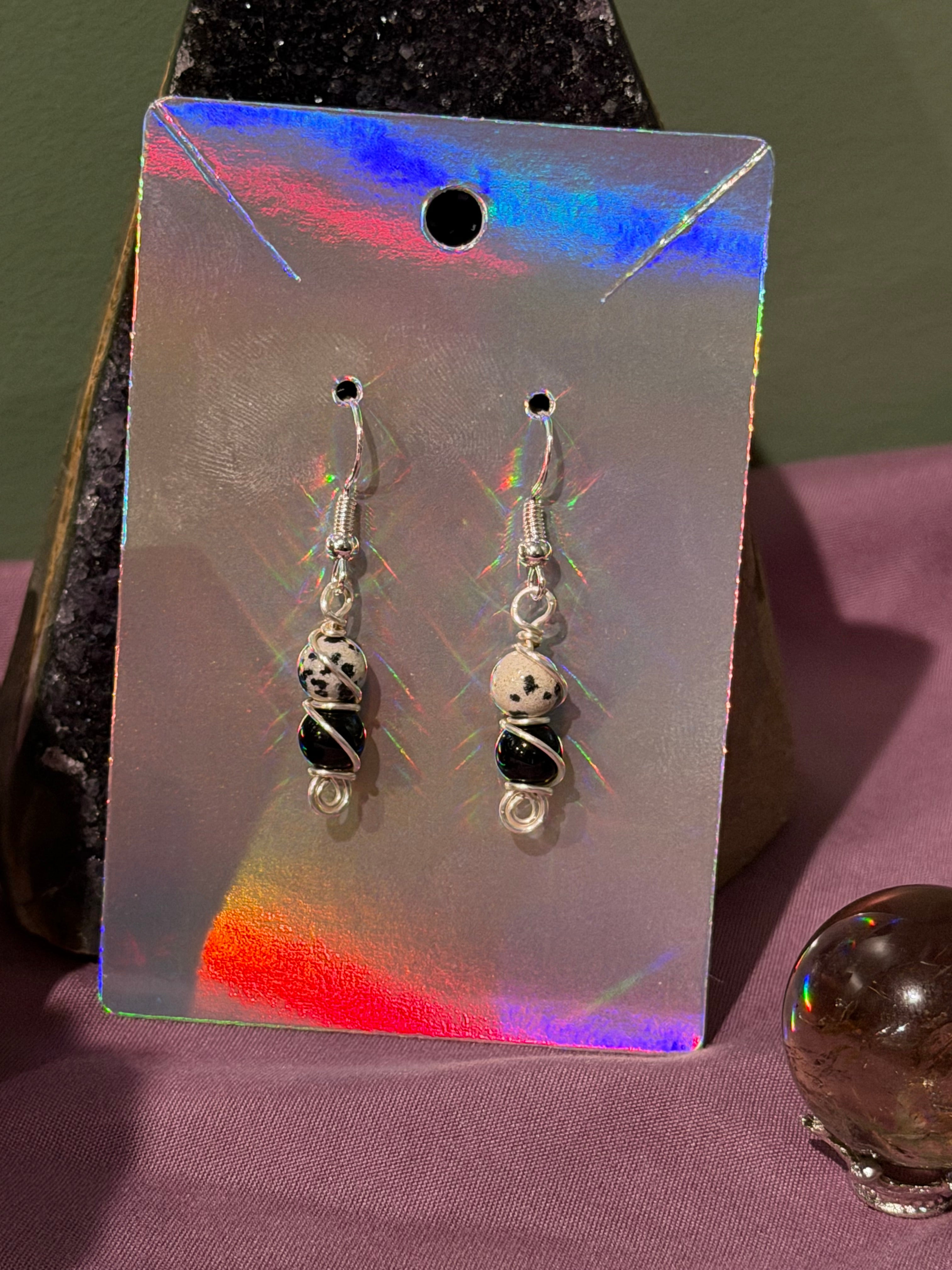 Dalmatian Jasper & Obsidian silver-tone copper wire-wrapped earrings