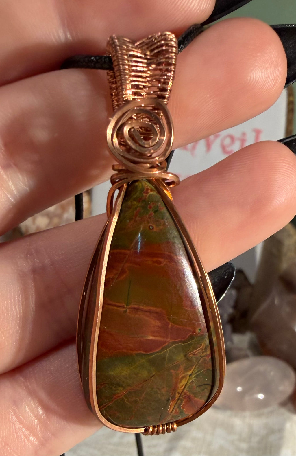 Cherry Creek Jasper copper wire-wrapped pendant