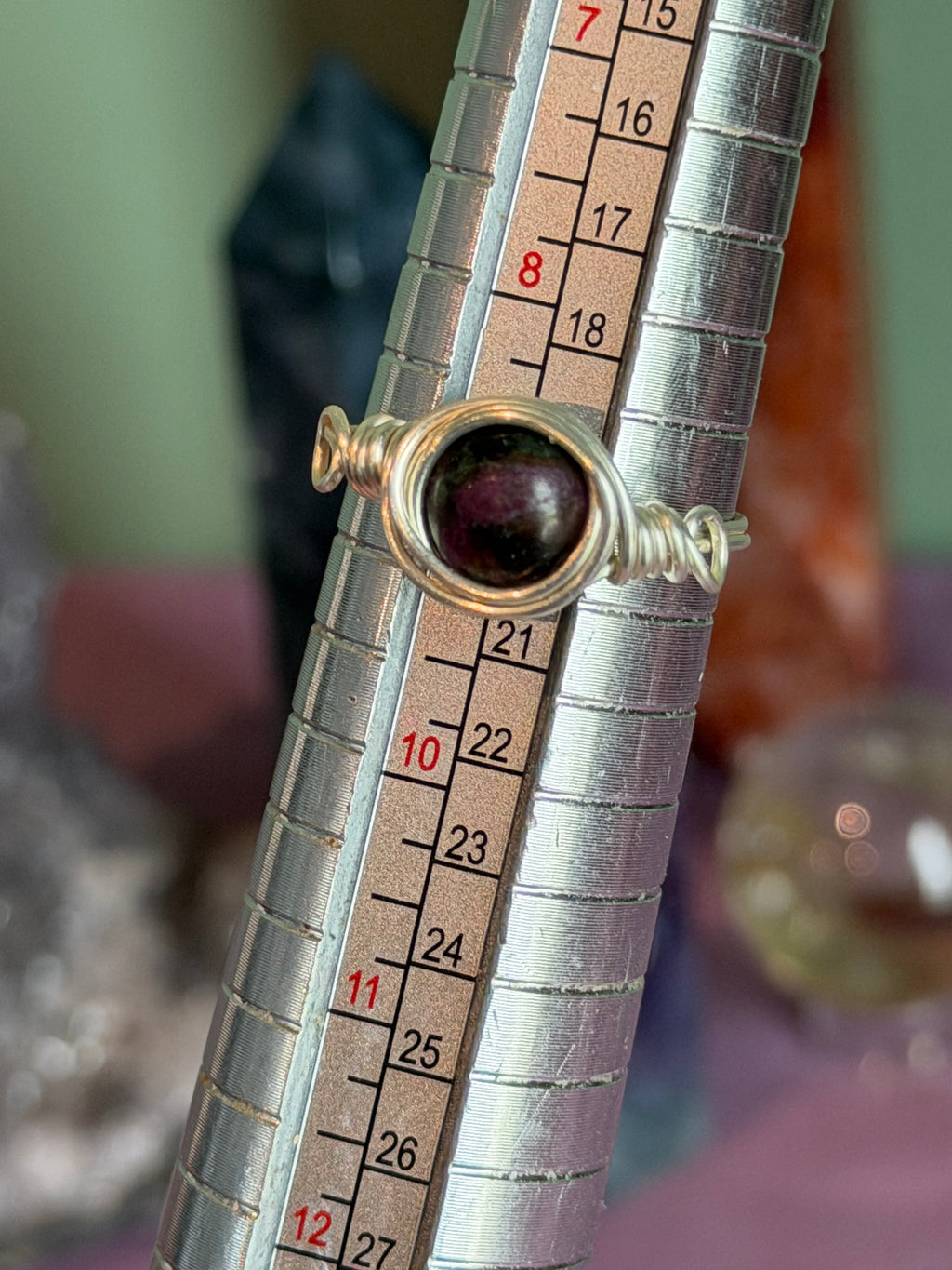 Ruby Zoisite size 9 silver-tone copper wire-wrapped ring