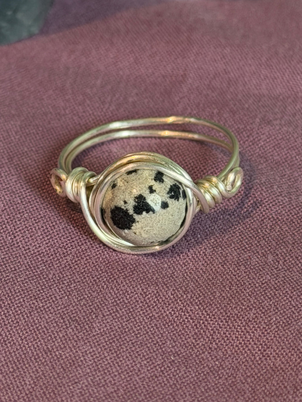Dalmatian Jasper size 6 silver-tone copper wire-wrapped ring