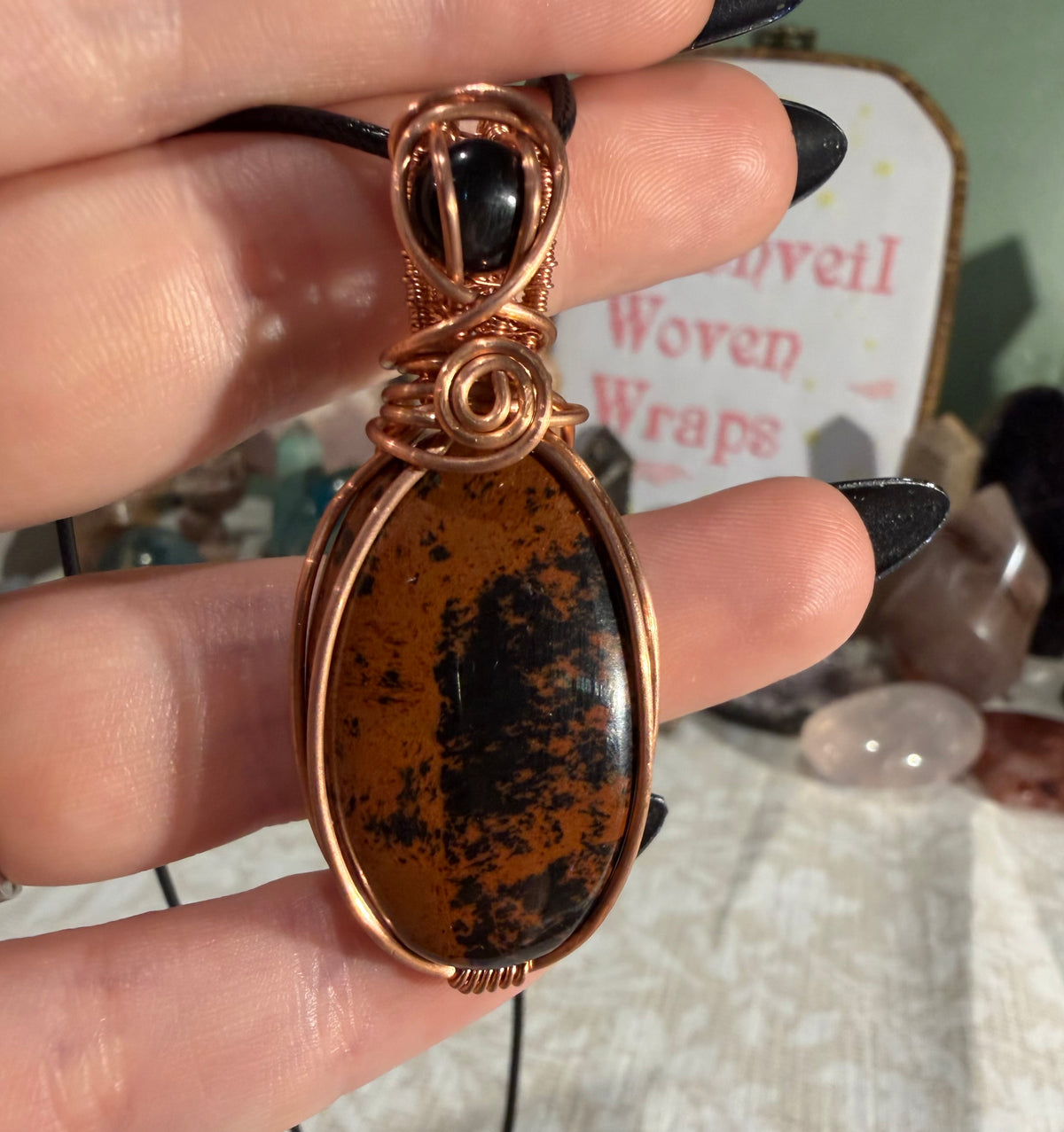 Mahogany Obsidian & Obsidian copper wire-wrapped pendant