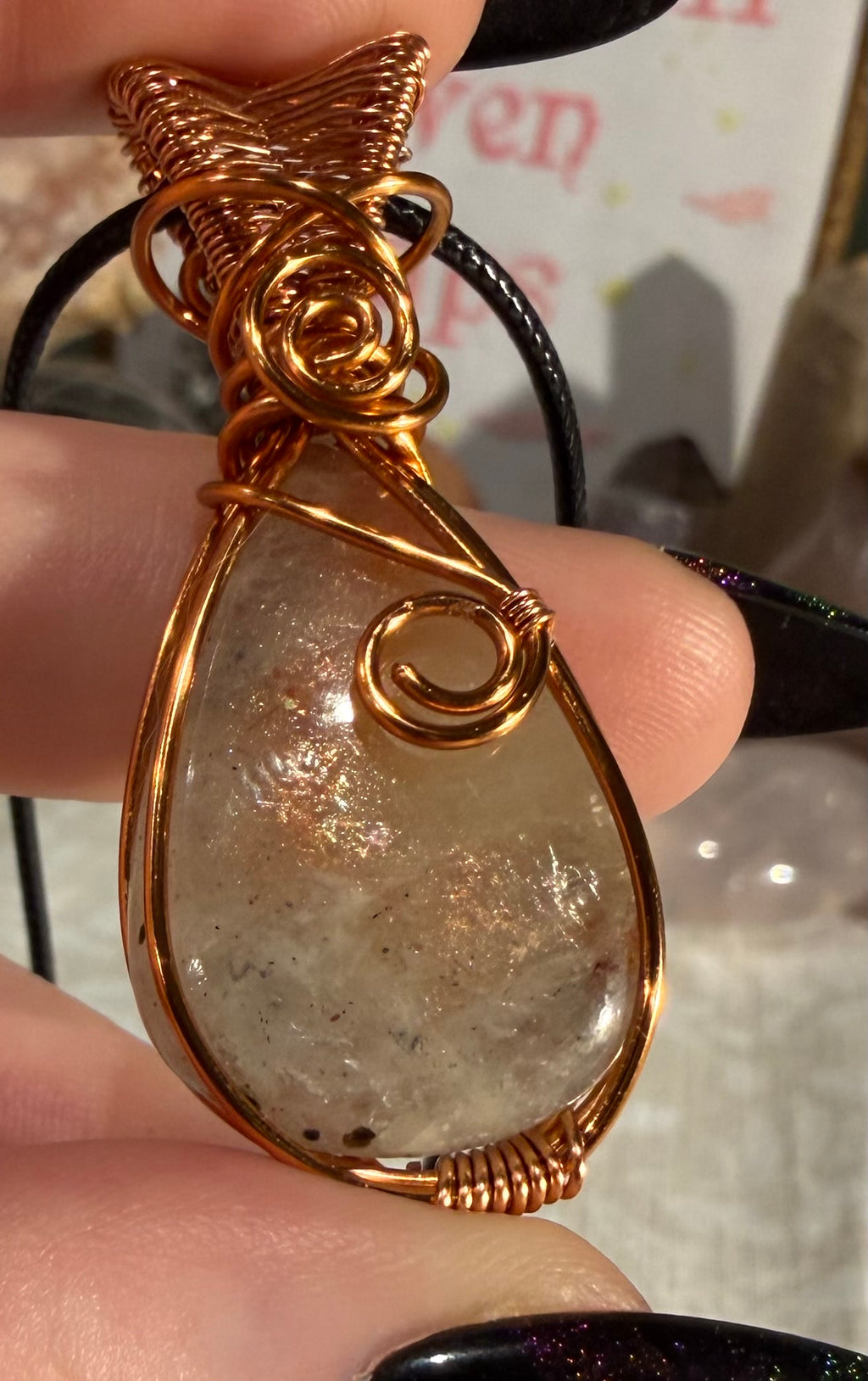 Gem Green Feldspar copper wire-wrapped pendant