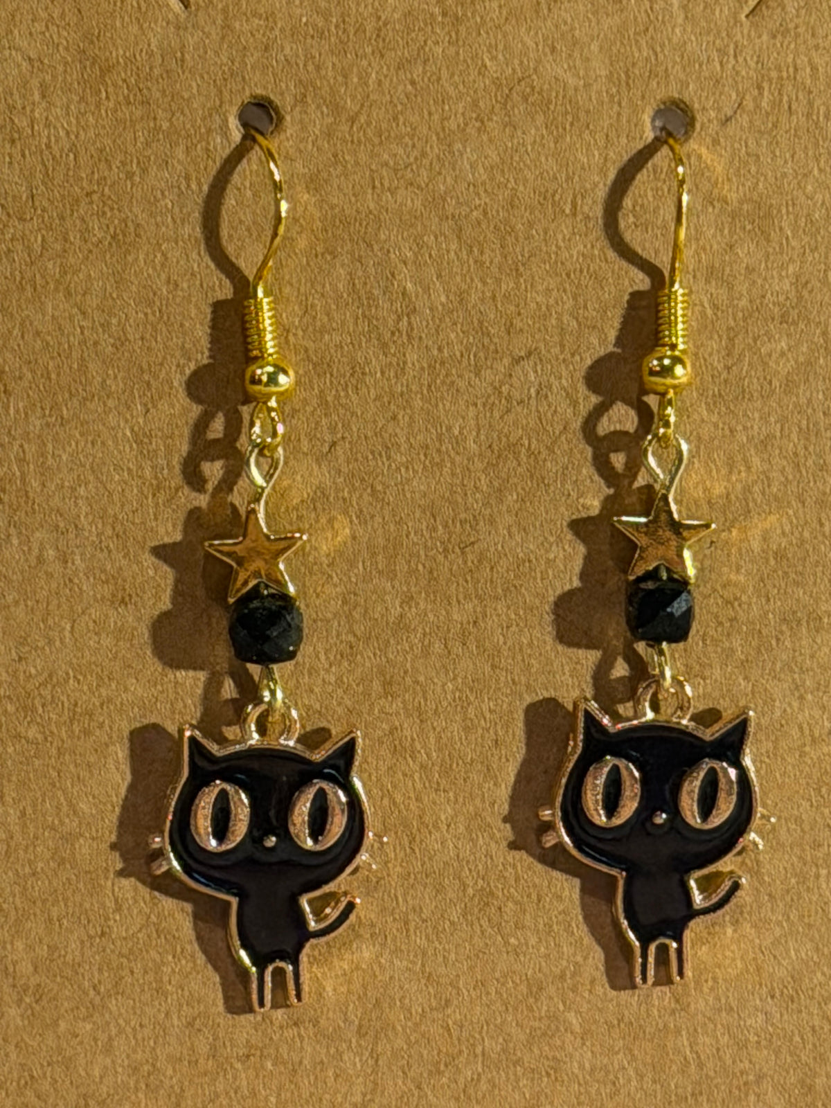 Green Sandstone & star beaded black cat earrings