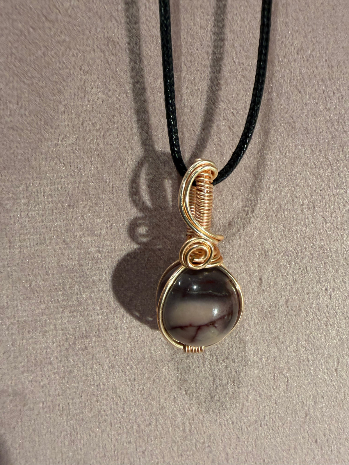 Mookaite Jasper rose-gold colored copper wire-wrapped pendant