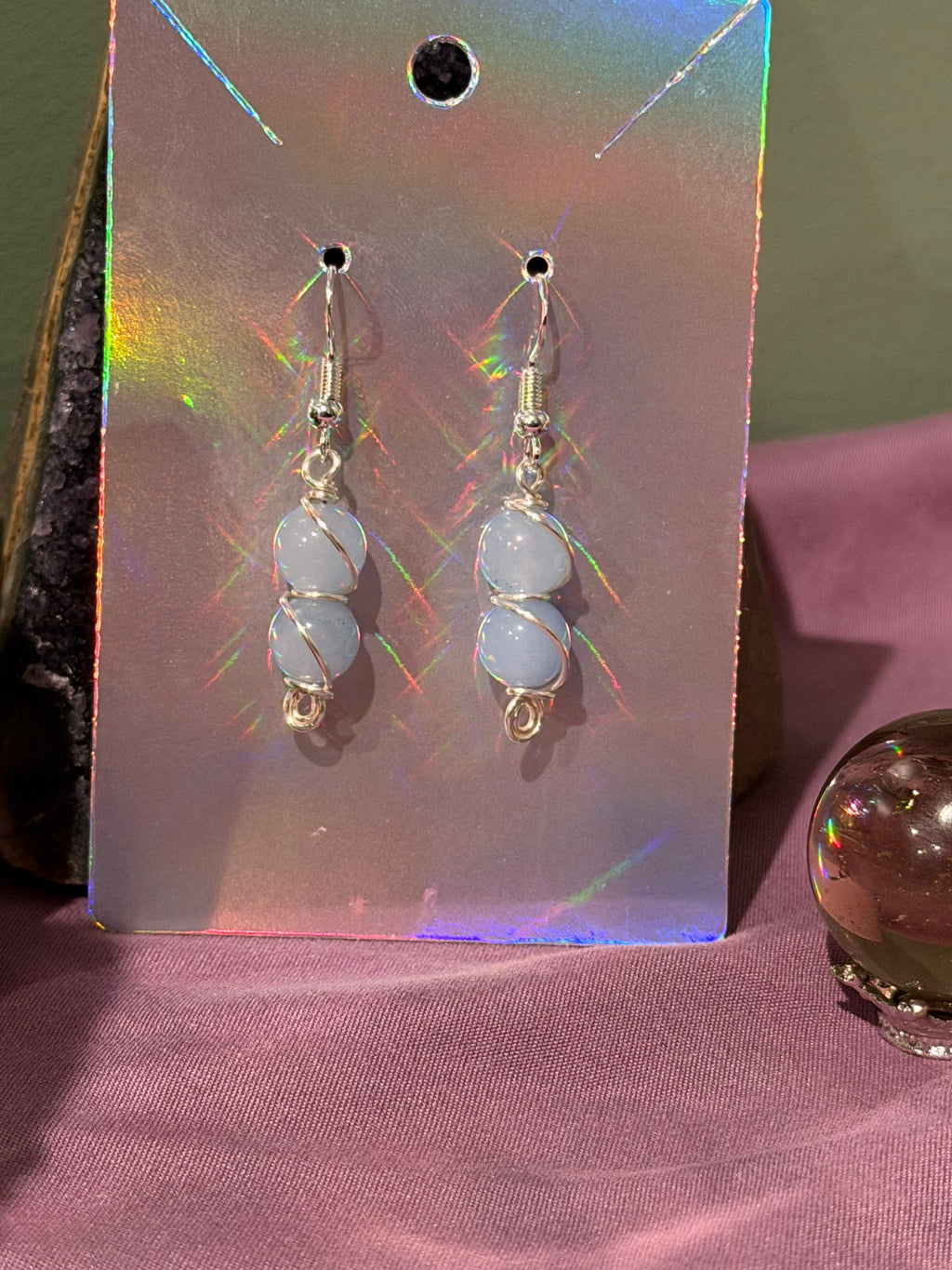 Double Aquamarine silver-tone copper wire-wrapped earrings