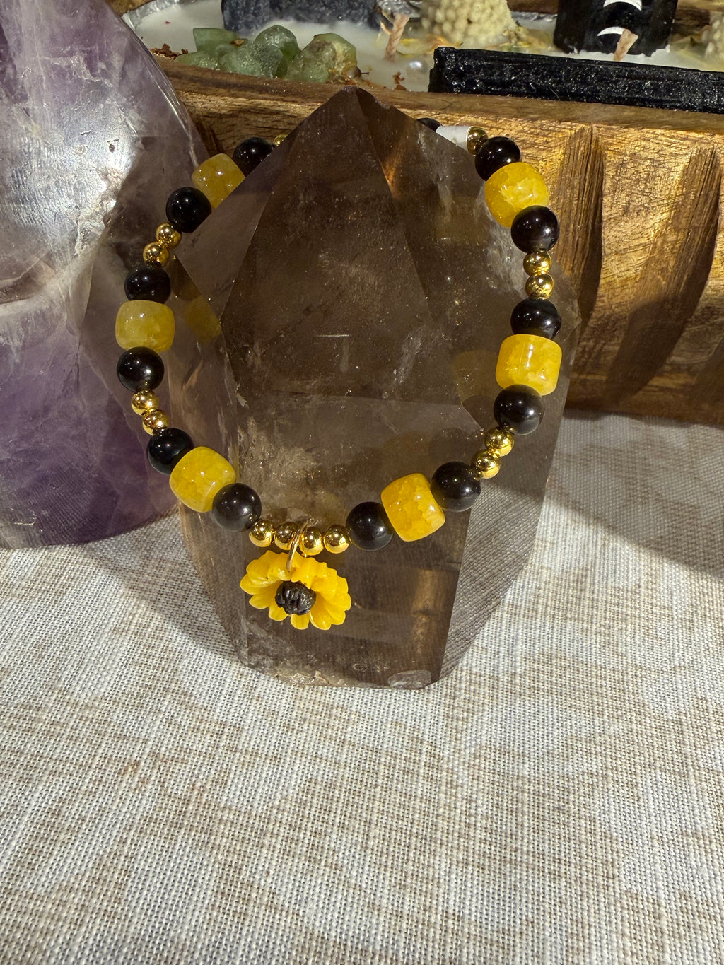 Silver Sheen Obsidian & glass beaded 6 inch stretchy sunflower bracelet
