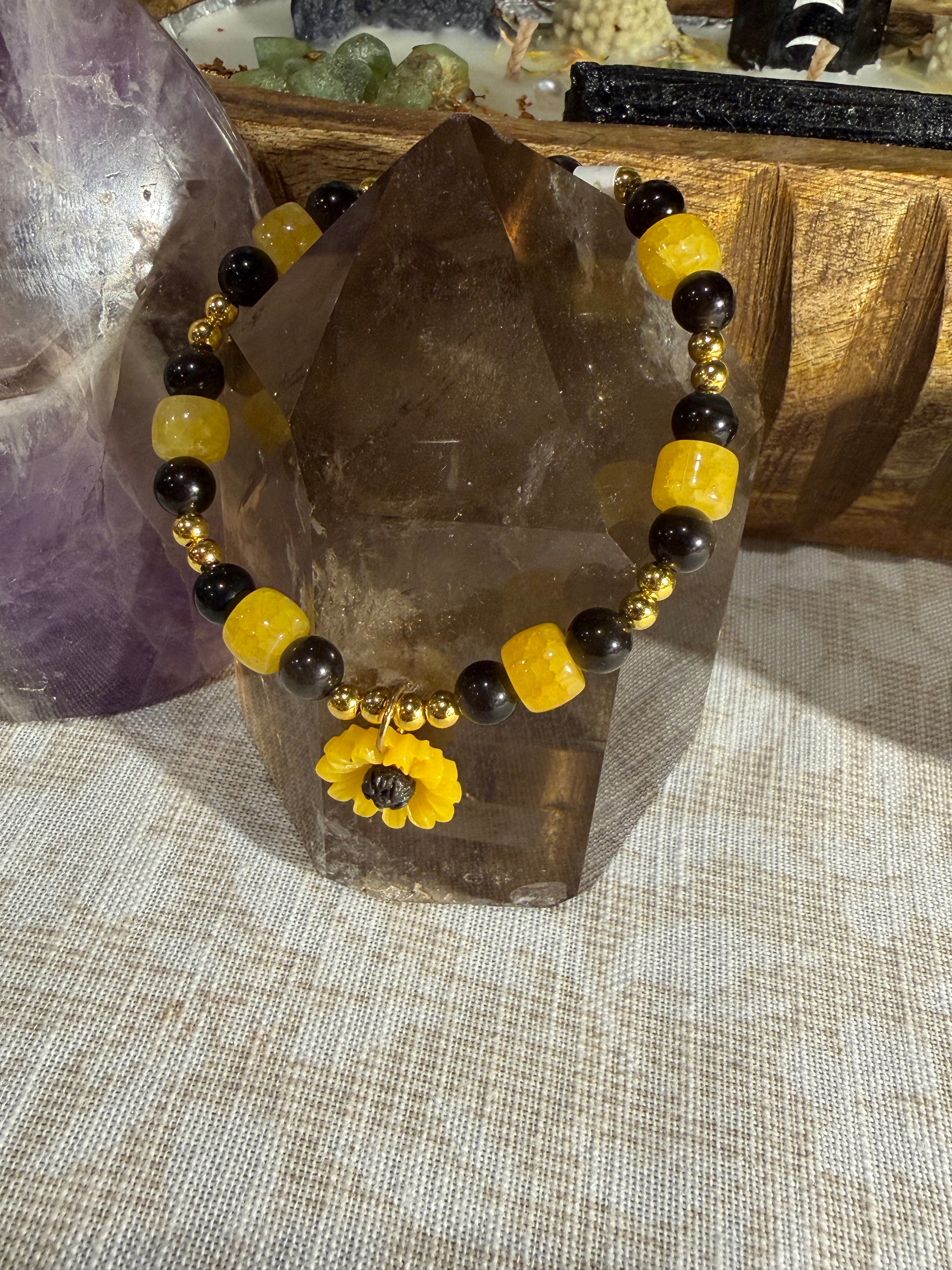 Silver Sheen Obsidian & glass beaded 6 inch stretchy sunflower bracelet