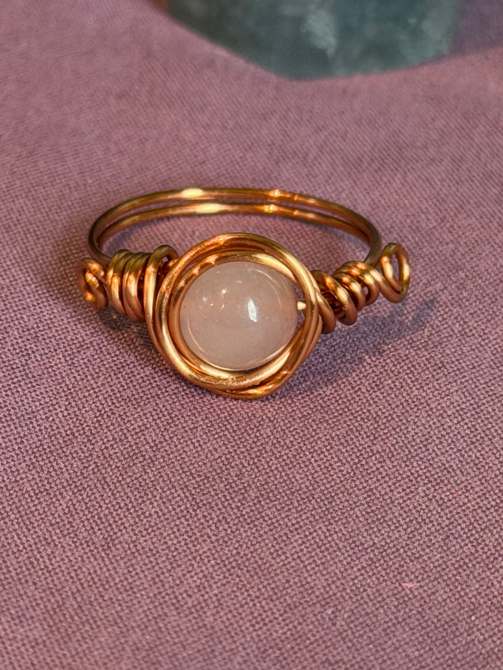 Rose Quartz size 8 copper wire-wrapped ring