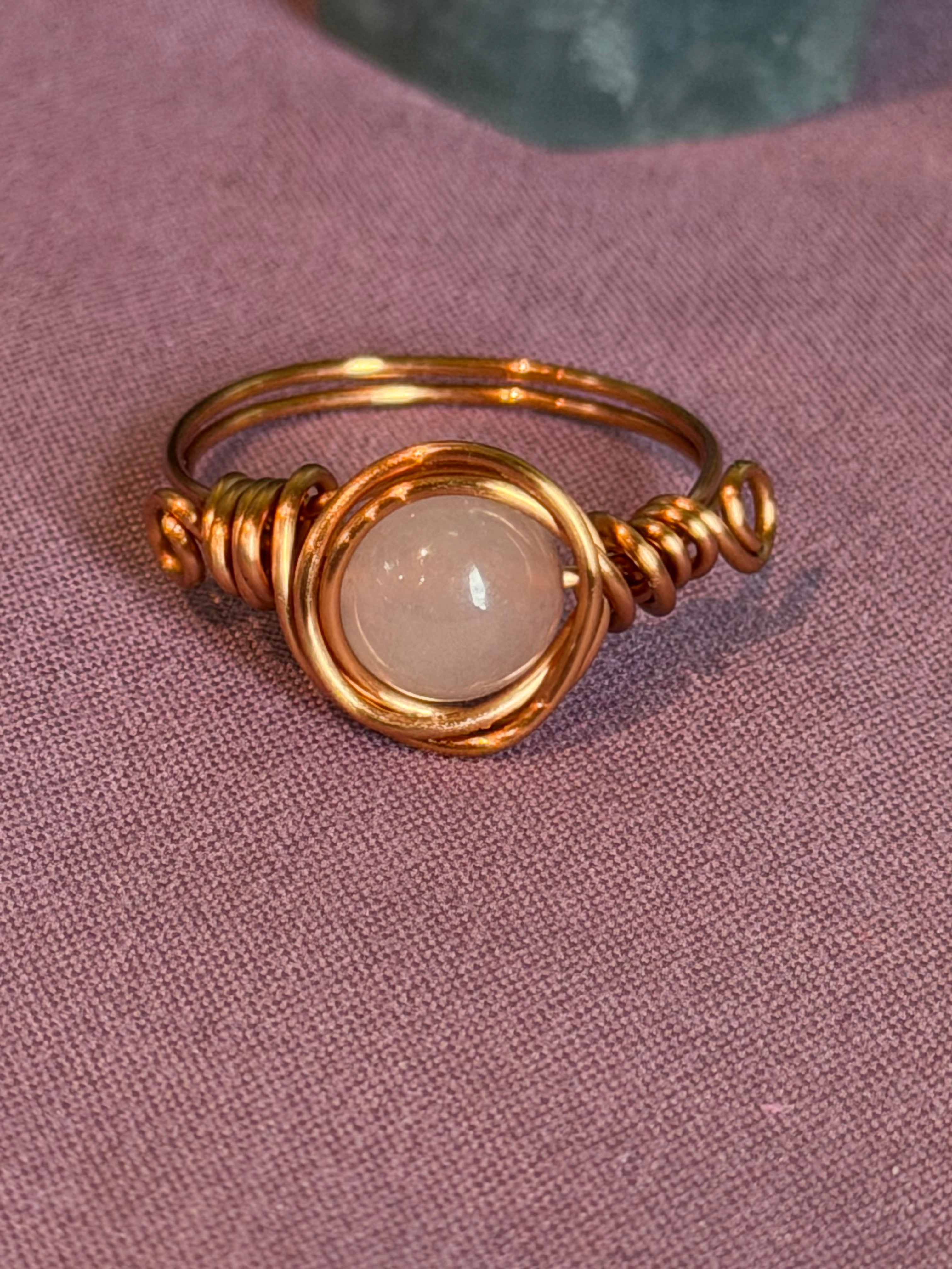 Rose Quartz size 8 copper wire-wrapped ring