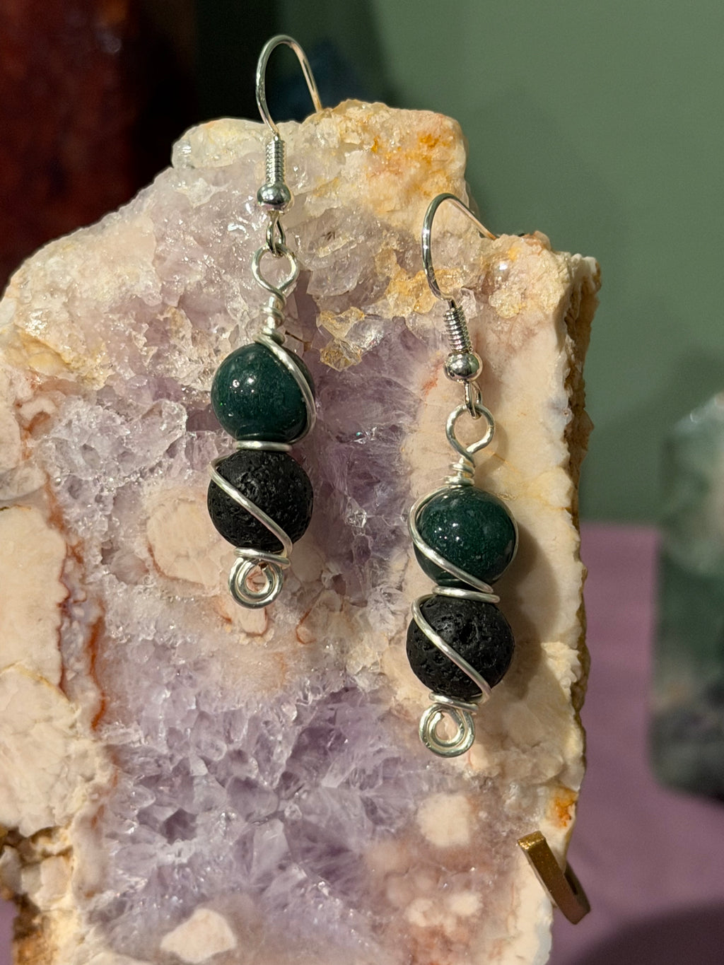 Moss Agate & Lava Stone silver-tone copper wire-wrapped earrings