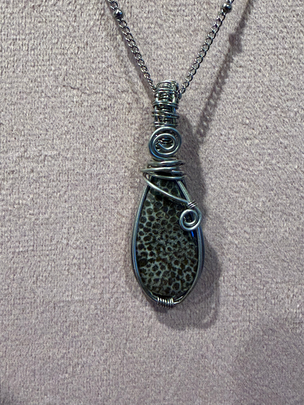 Black Fossilized Coral stainless-steel wire-wrapped pendant
