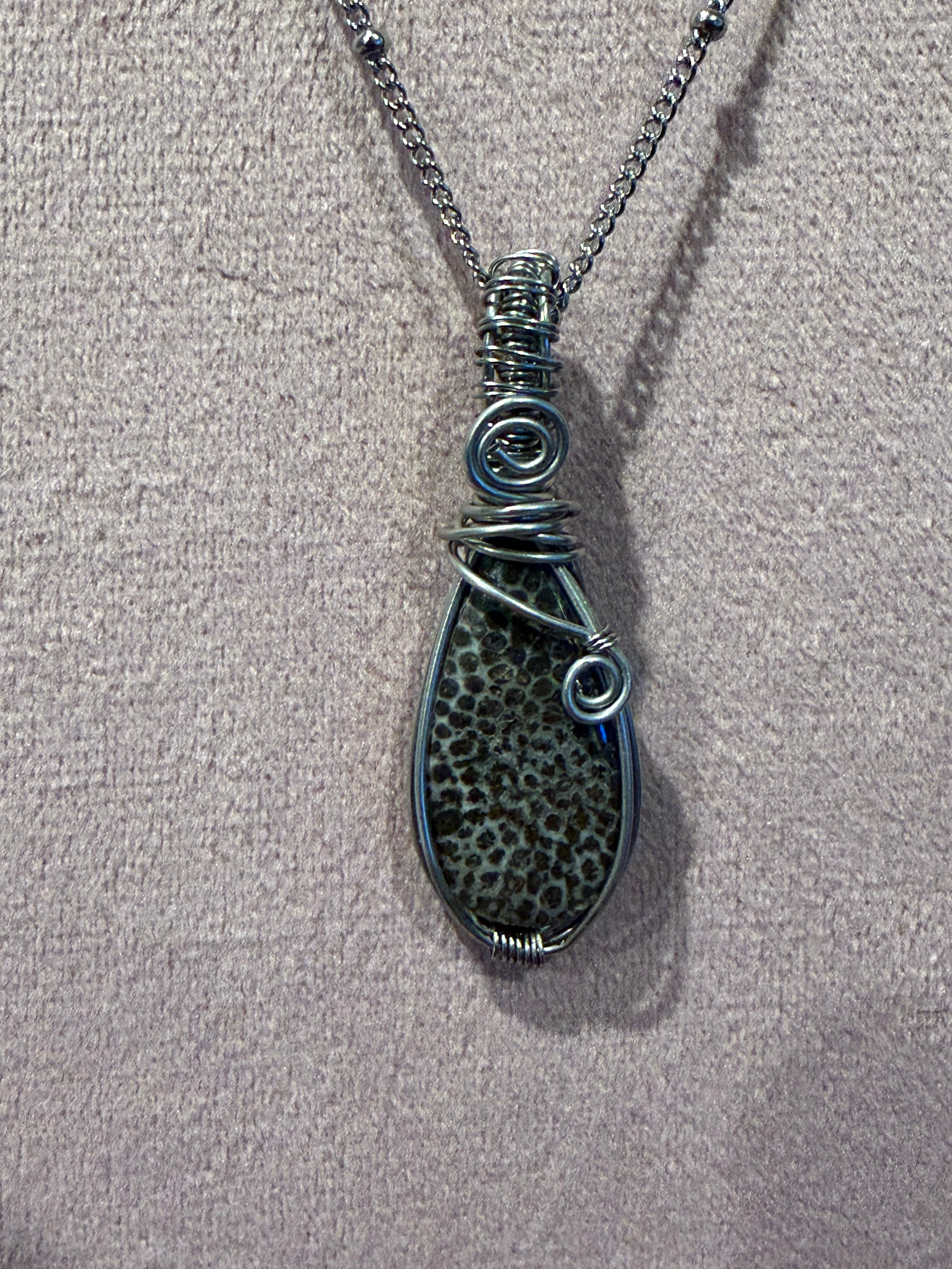 Black Fossilized Coral stainless-steel wire-wrapped pendant
