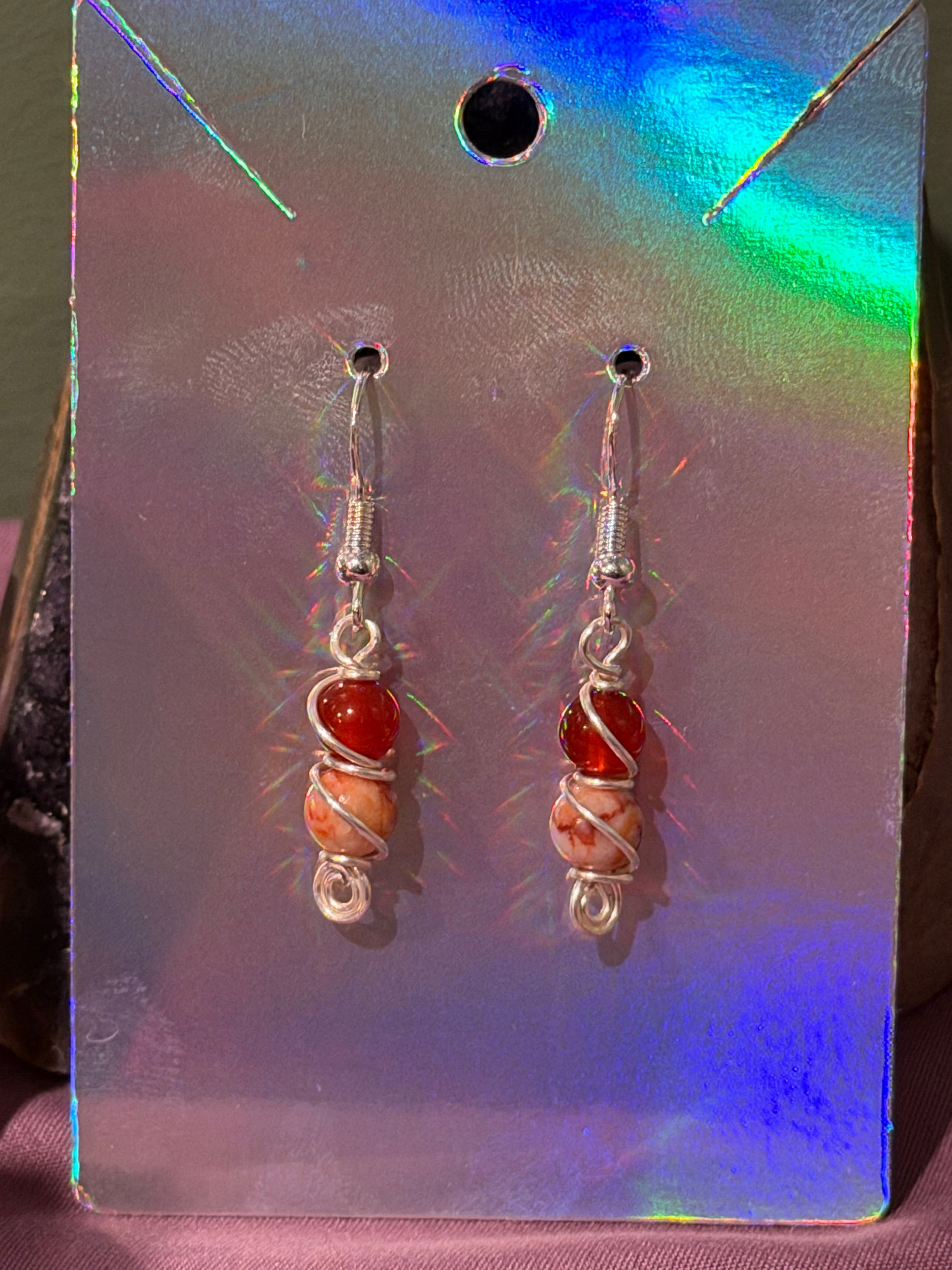 Red Network Jasper & Red Agate silver-tone copper wire-wrapped earrings