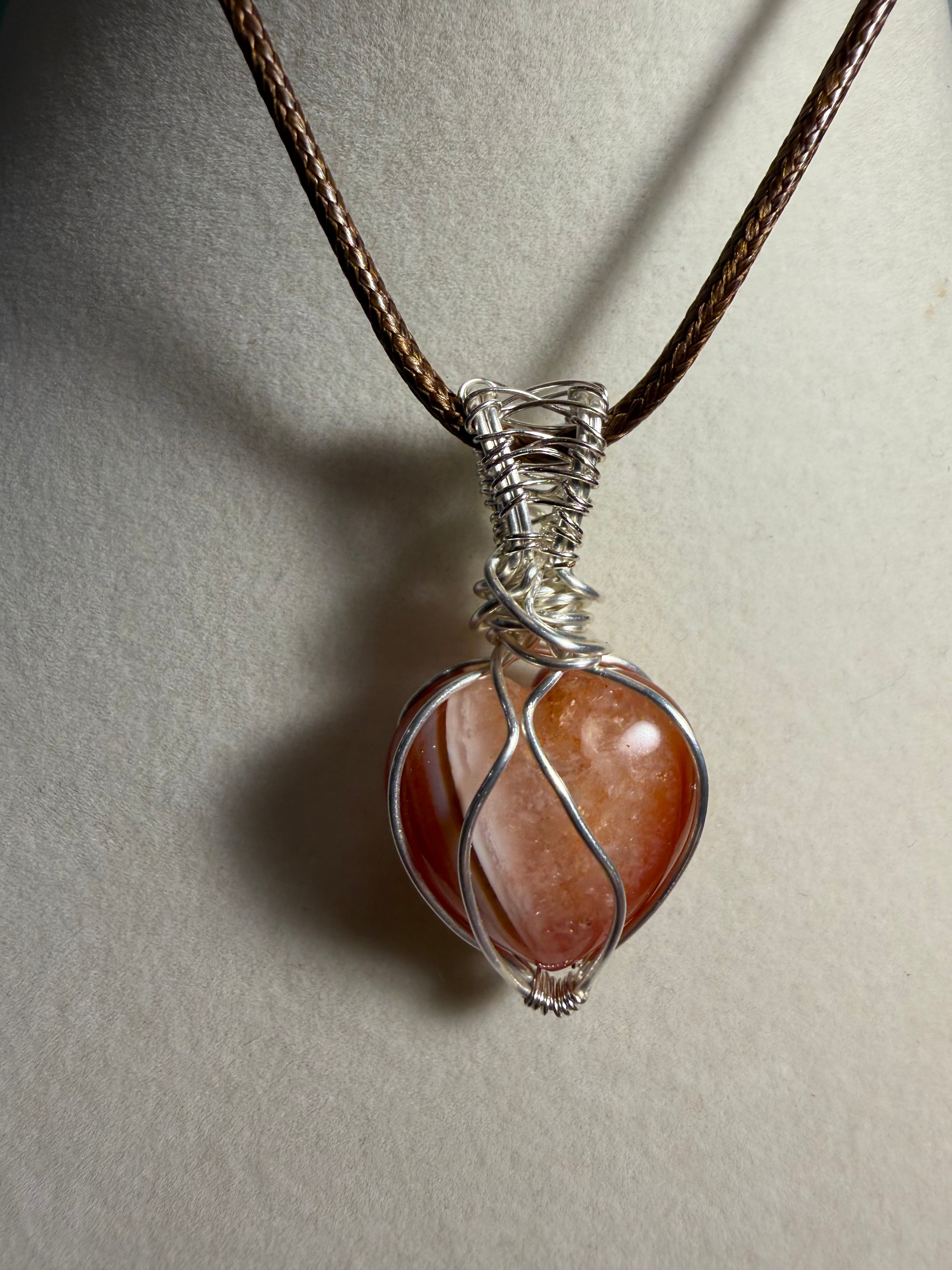 Carnelian heart silver-tone copper wire-wrapped pendant