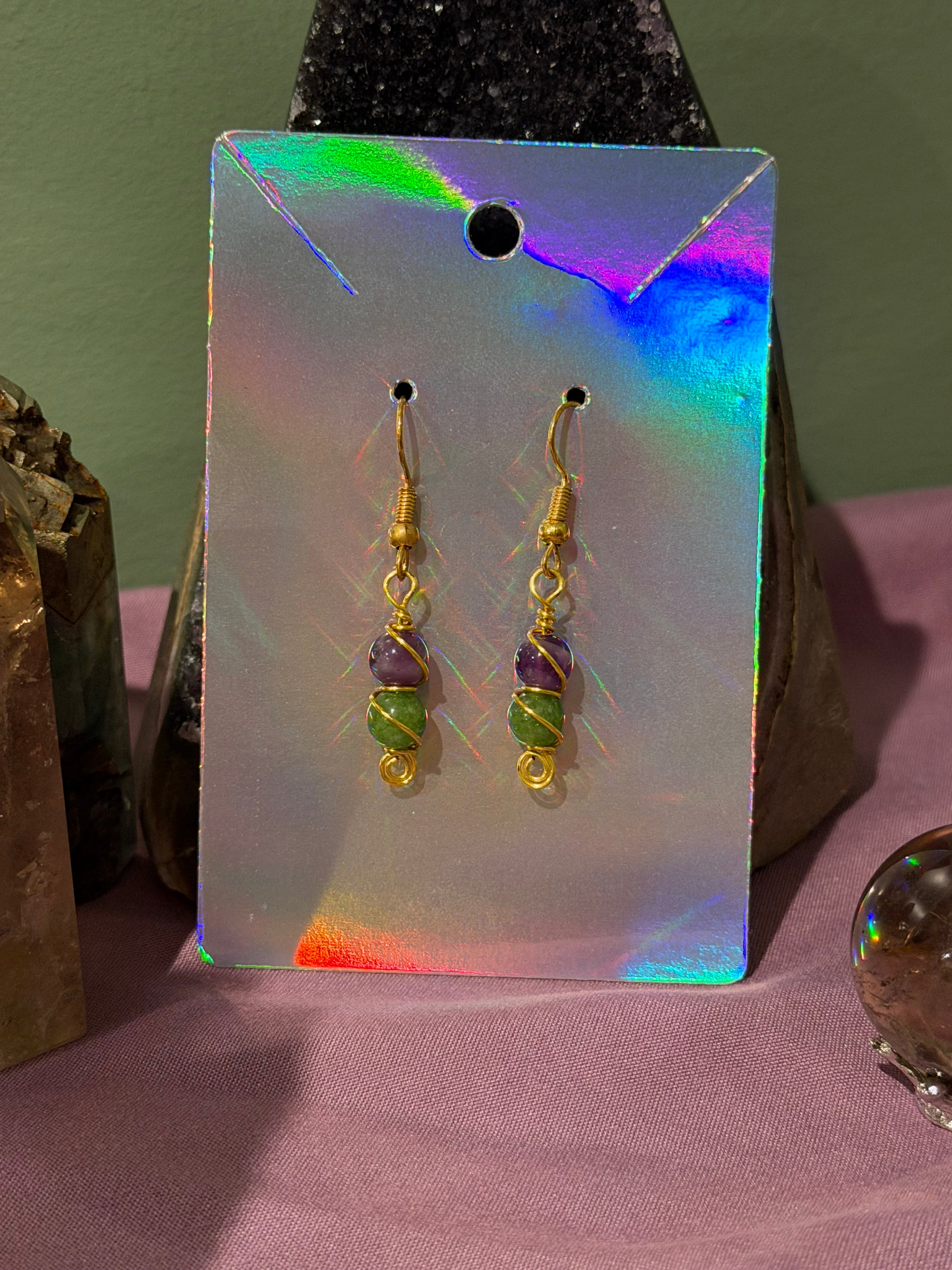 Amethyst & Peridot gold-tone copper wire-wrapped earrings