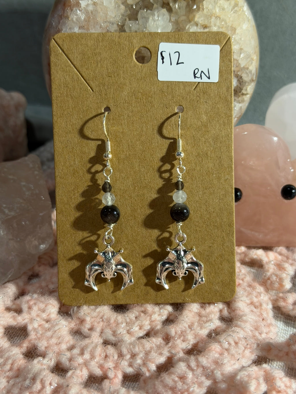 Silver-sheen Obsidian bat dangle earrings