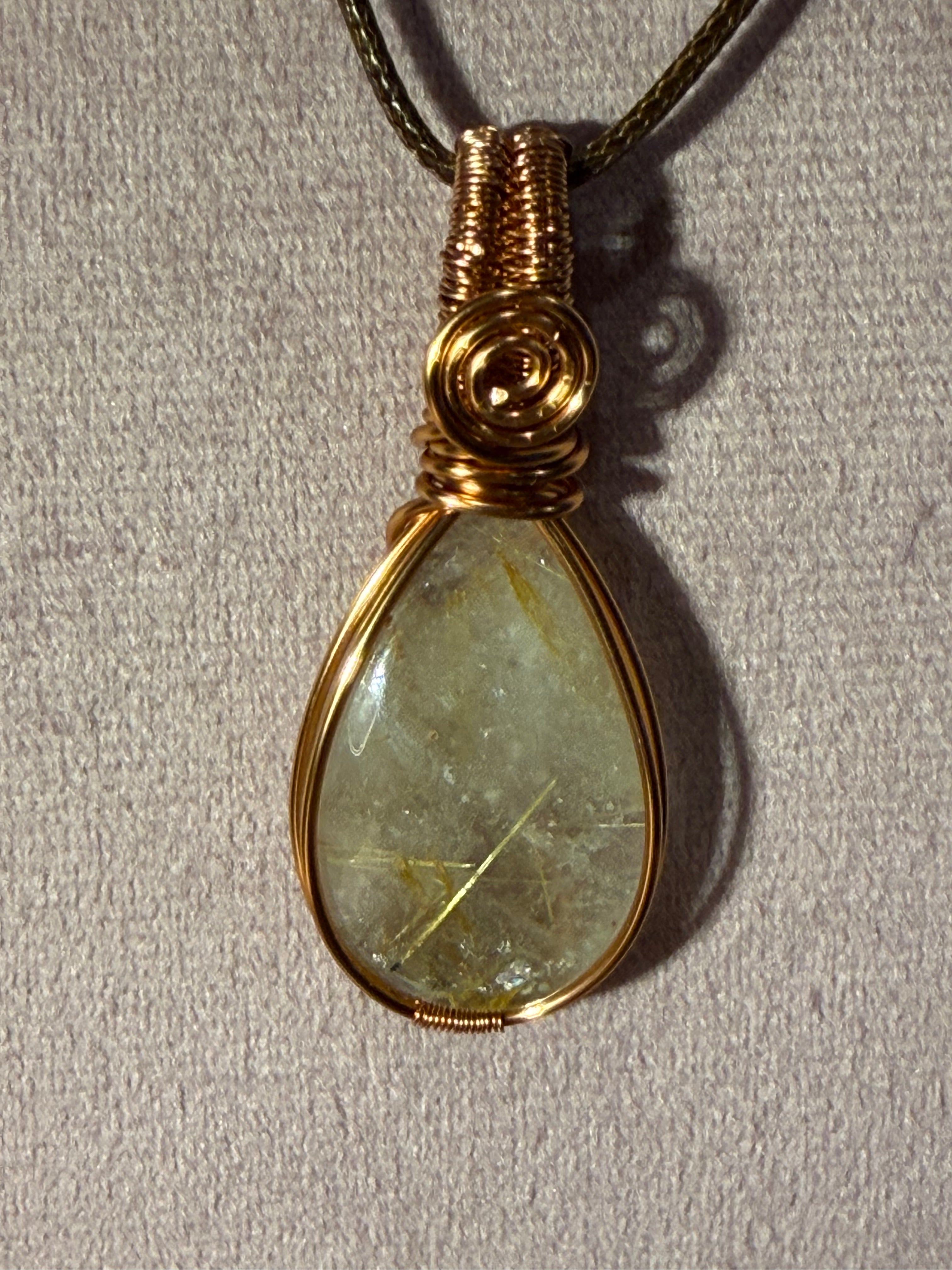 Golden Rutilated Quartz copper wire-wrapped pendant