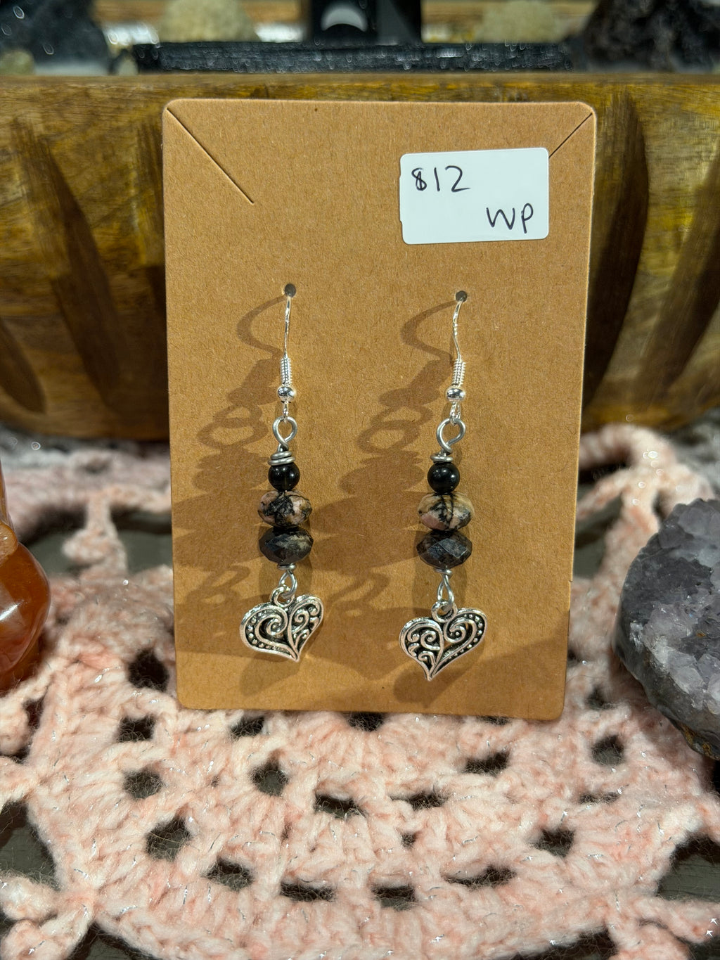 faceted Rhodonite & Black Agate heart earrings